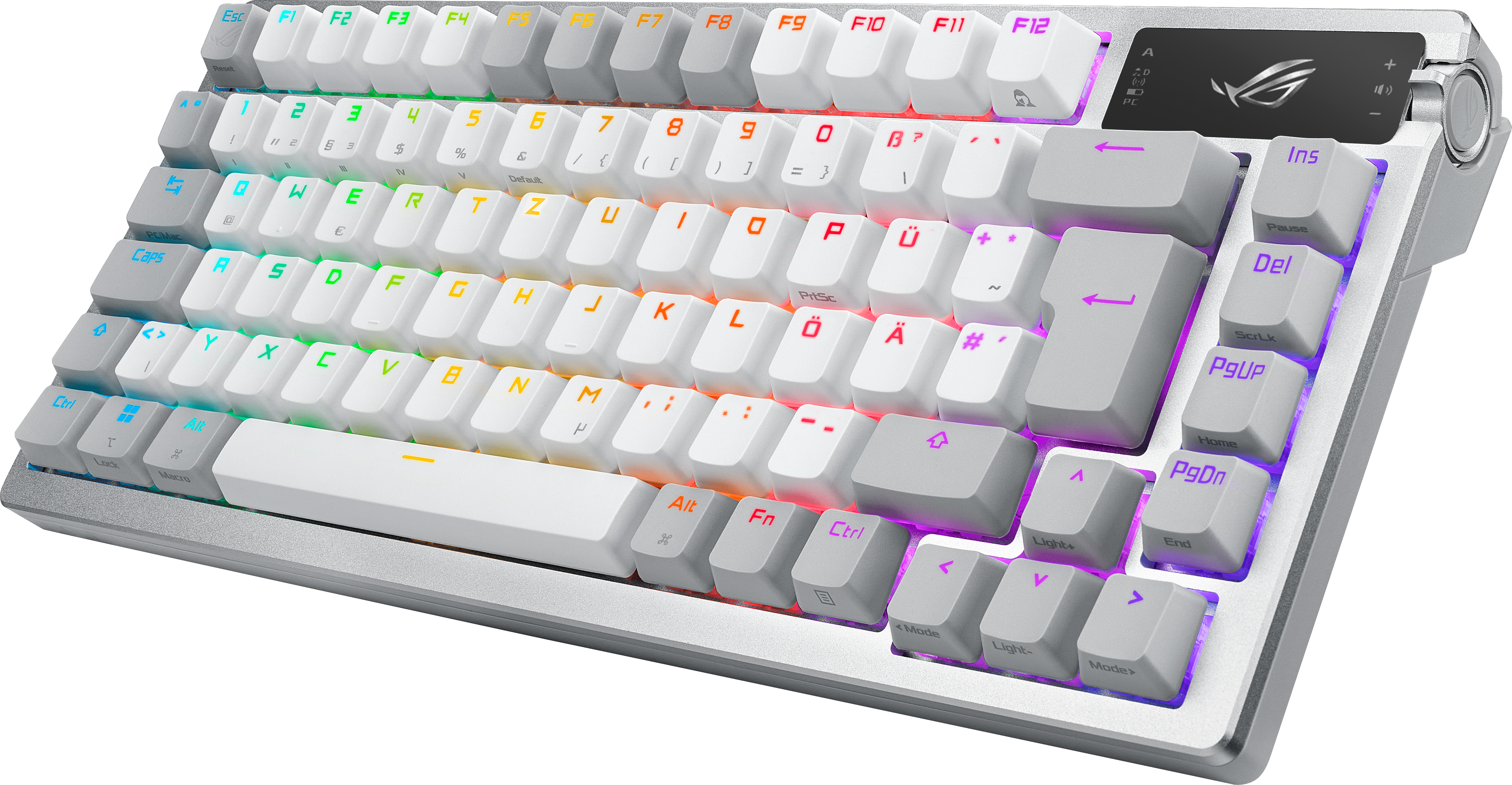 Tastatur mit RGB-Beleuchtung, weißen Tasten, grauem Rahmen, mit Nummernblock und ROG-Logo.