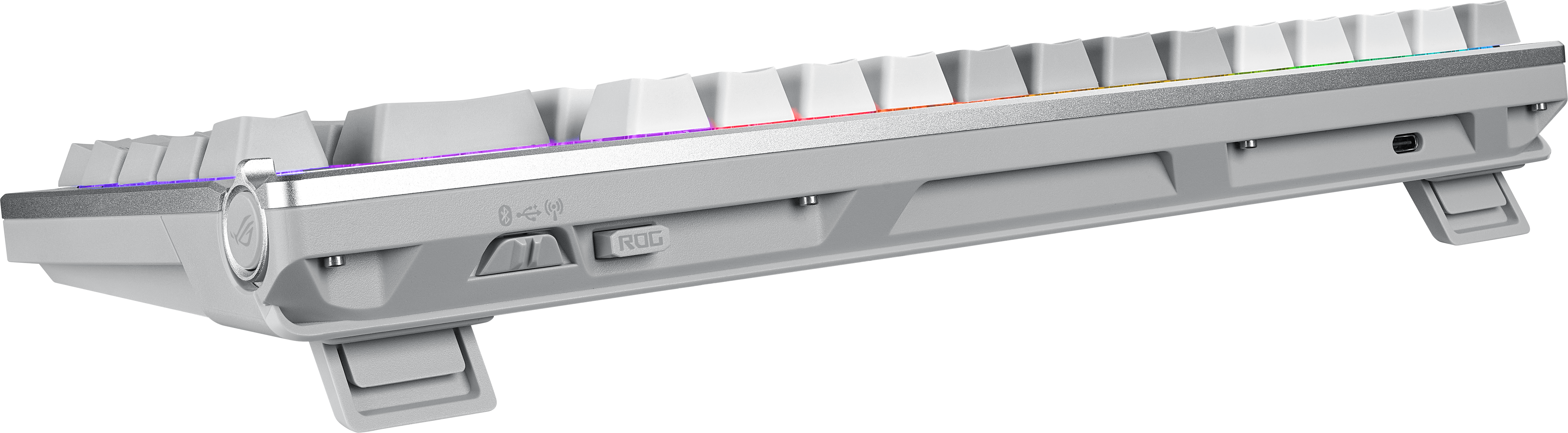 Weiße Tastatur mit hochgestellten Füßen und Reihe mehrfarbiger LEDs.