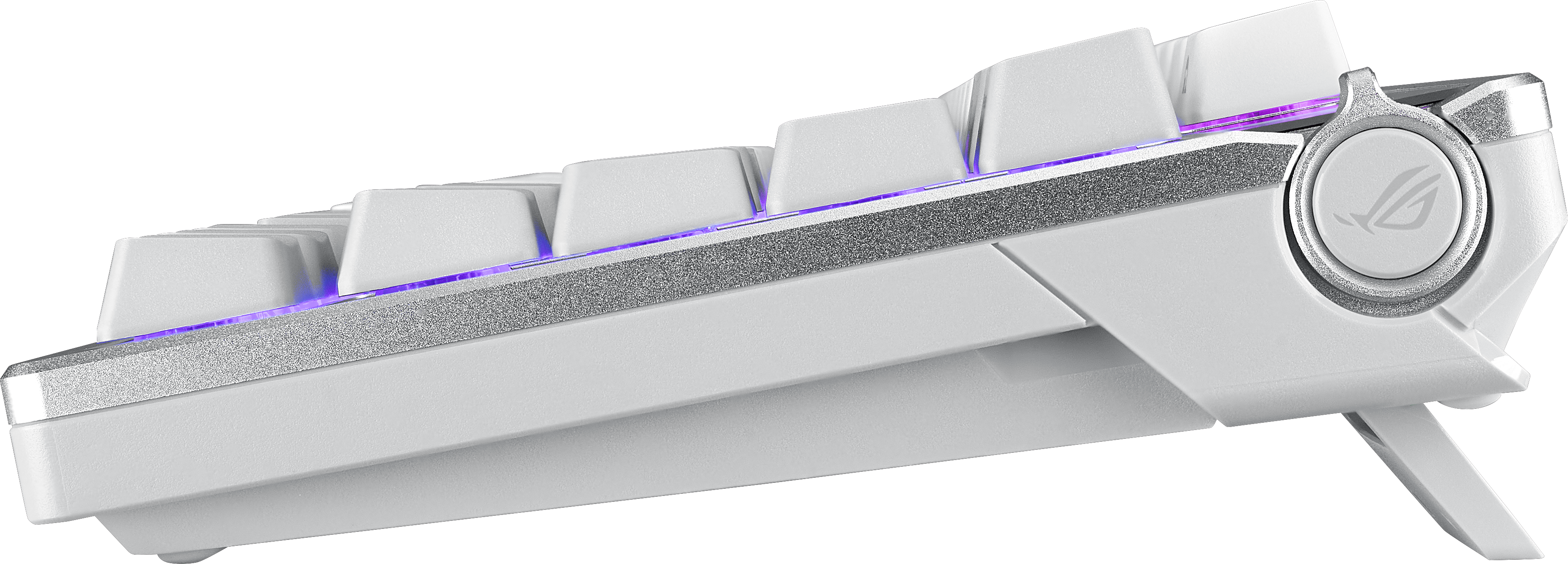 Weiße mechanische Tastatur mit RGB-Beleuchtung und silberner Blende.