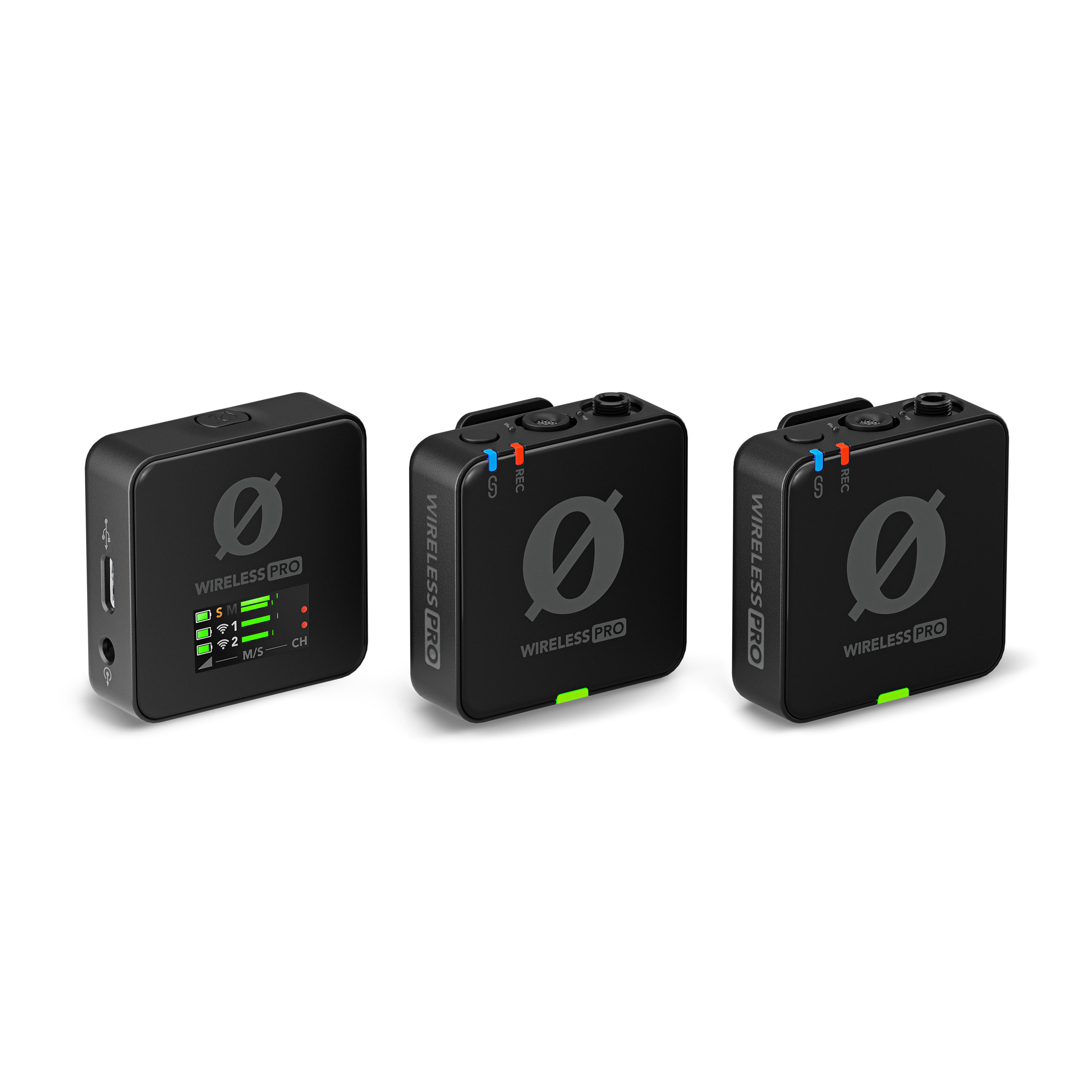Drei schwarze drahtlose Mikrofone. Der Text Wireless Pro steht auf jedem Mikrofon.