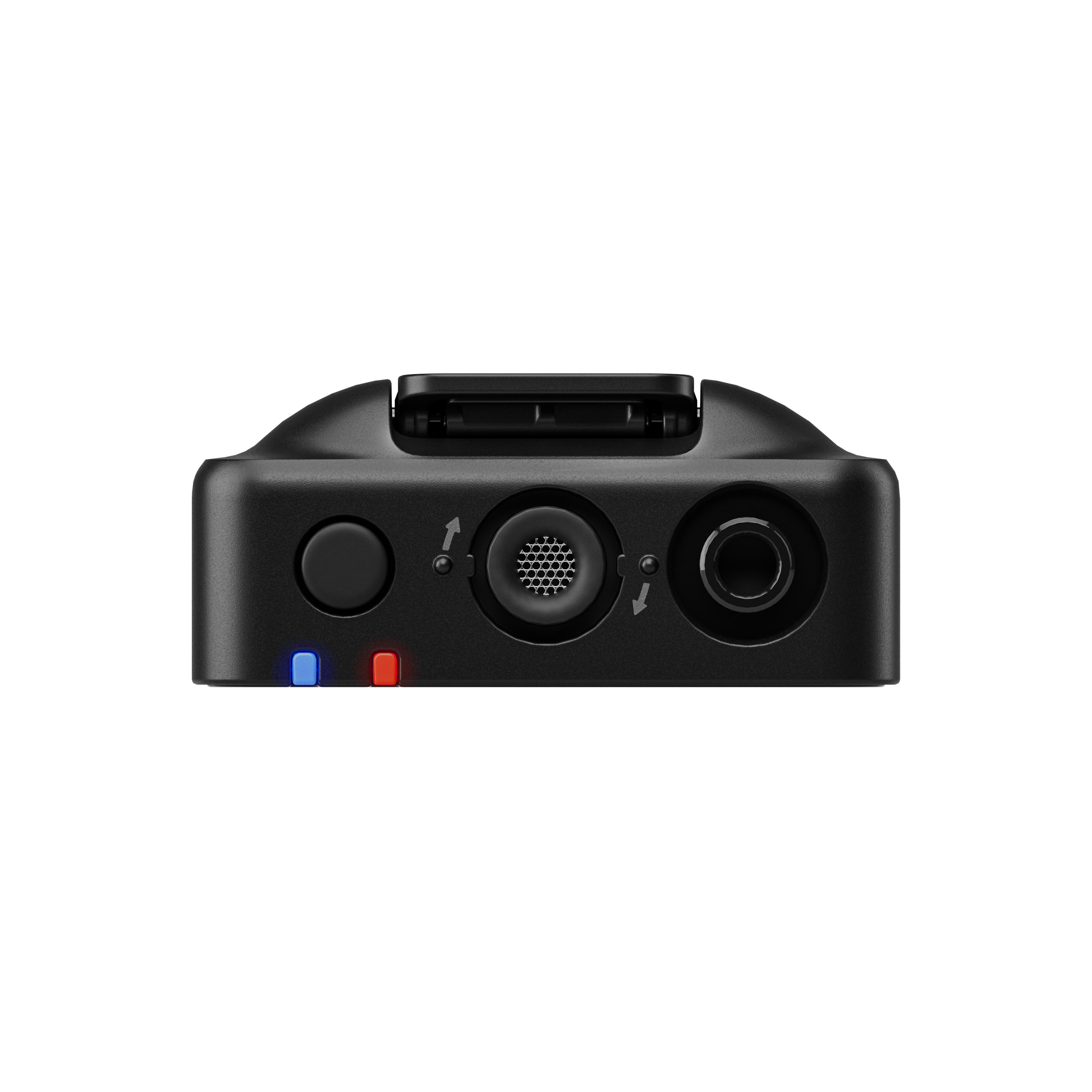 Ein schwarzes Gerät mit Mikrofon, zwei Anschlüssen und LED-Anzeigen auf der Vorderseite.