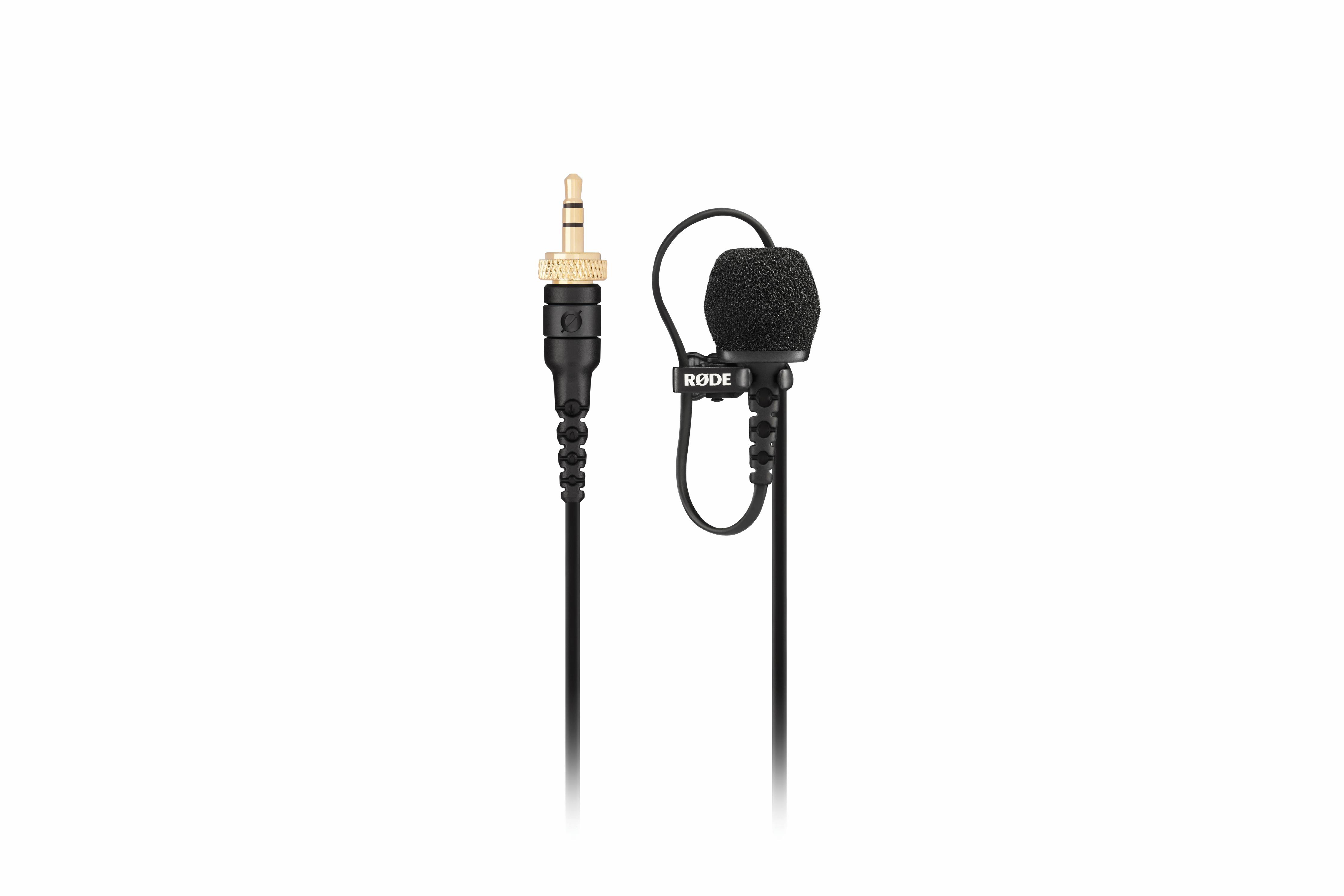 Ein kleines Lavalier-Mikrofon mit Kabel.