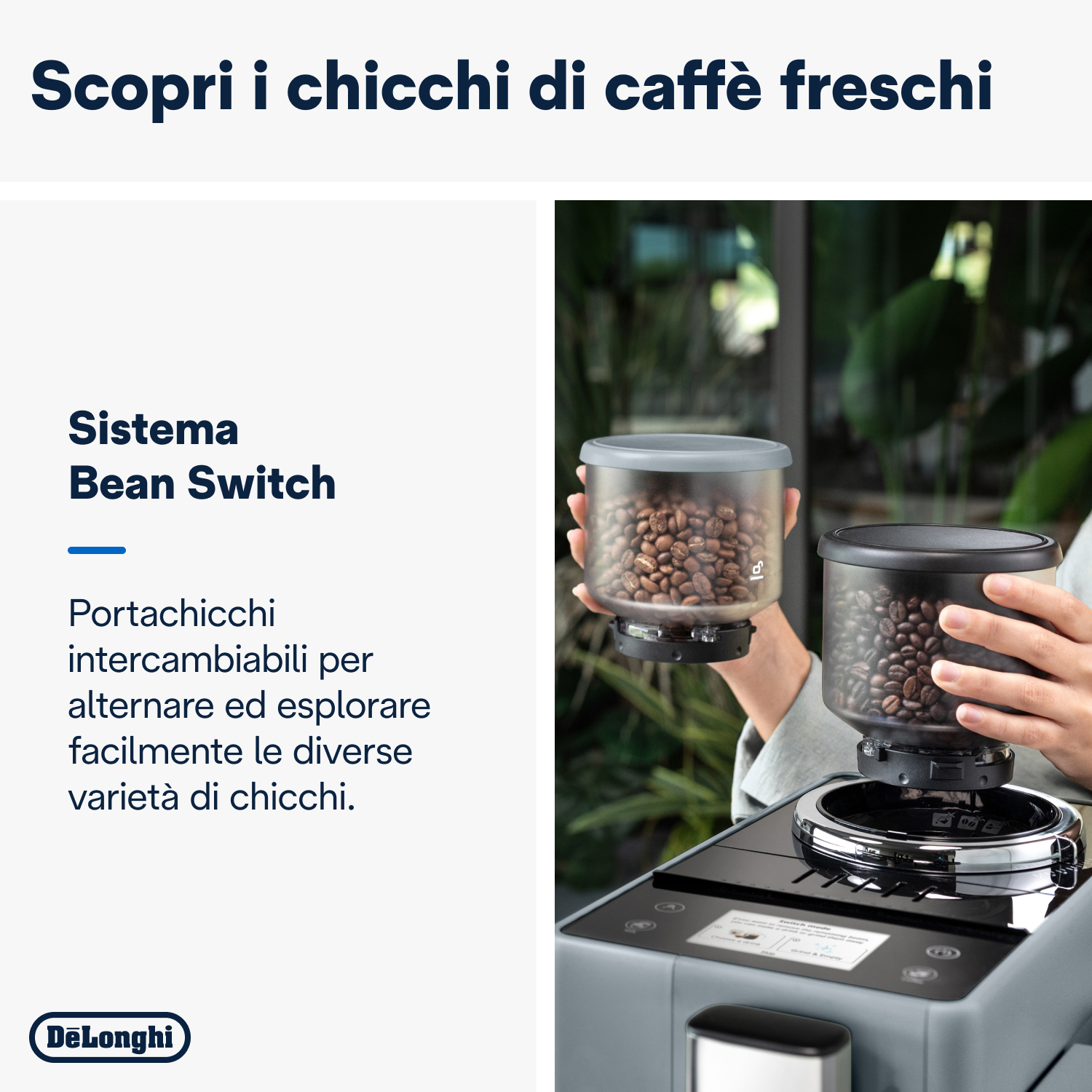 Le mani di una persona che tiene un contenitore di chicchi di caffè vicino a una macchina da caffè.