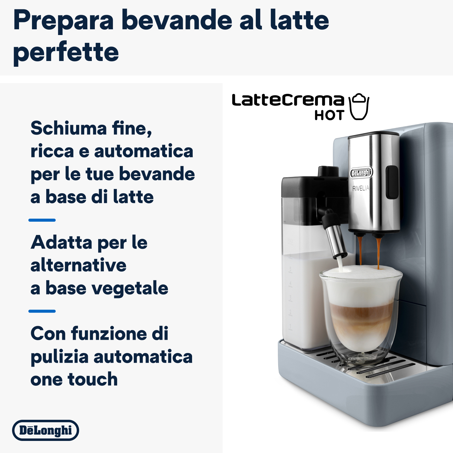 Macchina da caffè che prepara un latte. Il testo descrive la schiuma fine, adatta alle bevande vegetali.