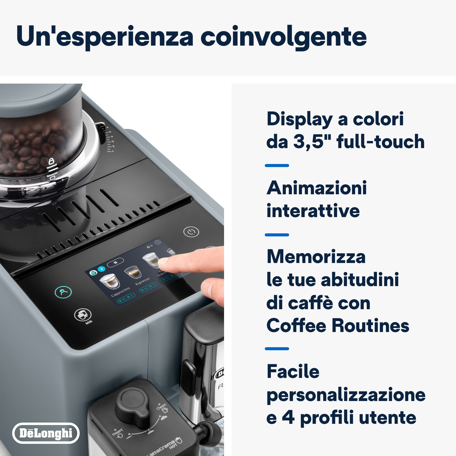 Una macchina da caffè con display touch e pulsanti. Testo in italiano descrive le funzioni e i profili utente.