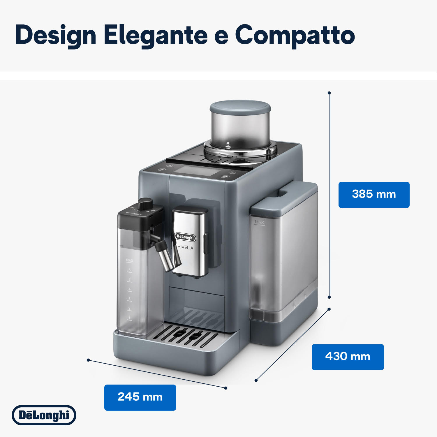 Macchina per espresso DeLonghi Rivela grigia e argento con dimensioni visualizzate. Sfondo bianco.