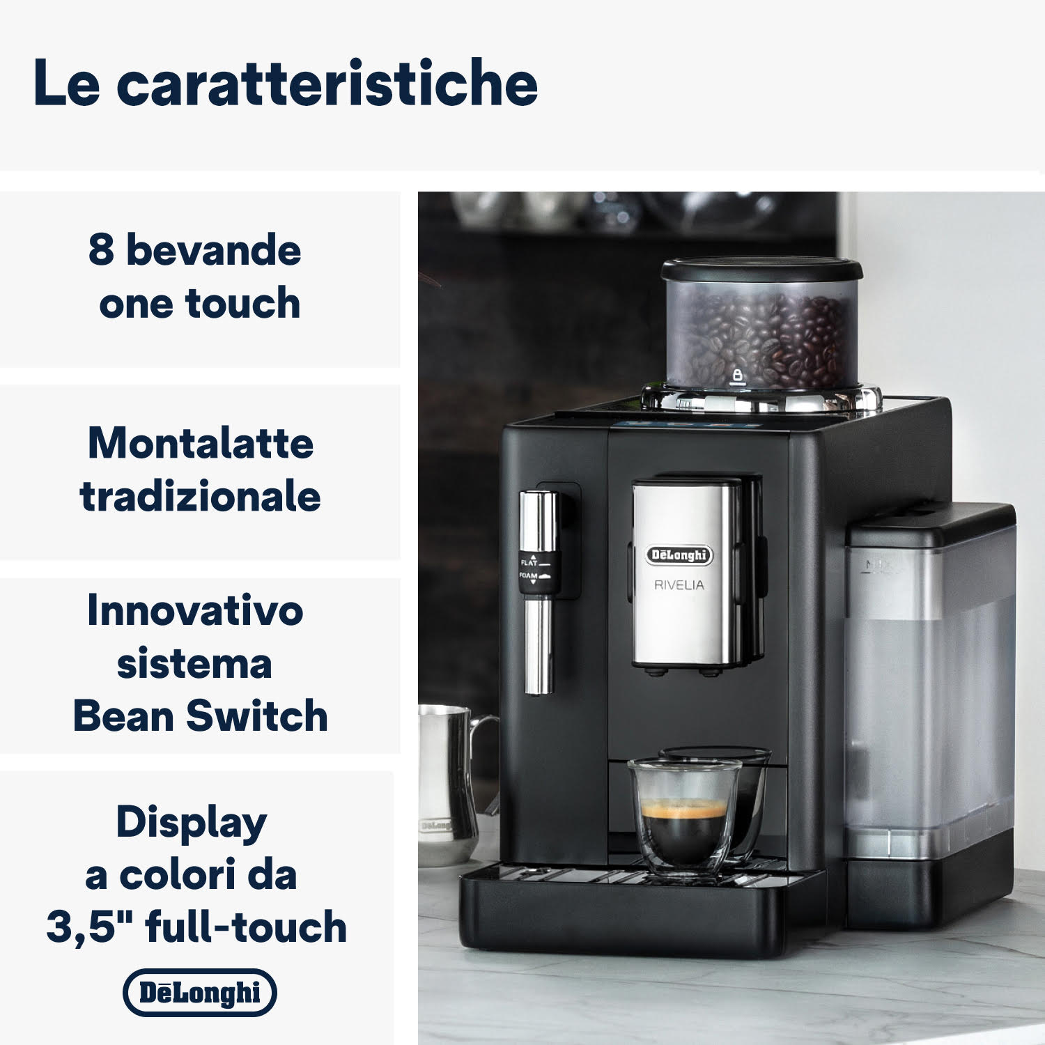 Macchina da caffè nera con testo sulle funzioni e una tazza di caffè.
