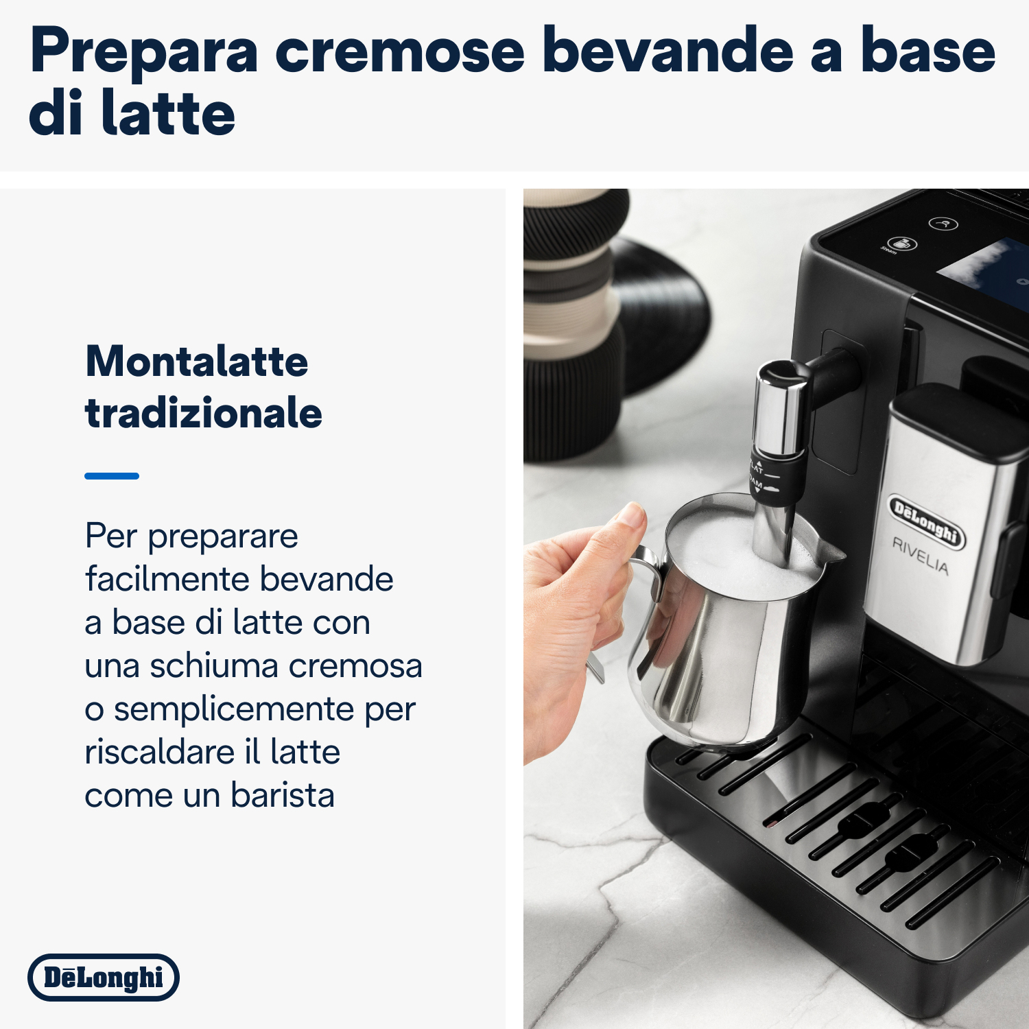 Una persona che monta il latte con una macchina. È un primo piano della macchina e di una tazza.