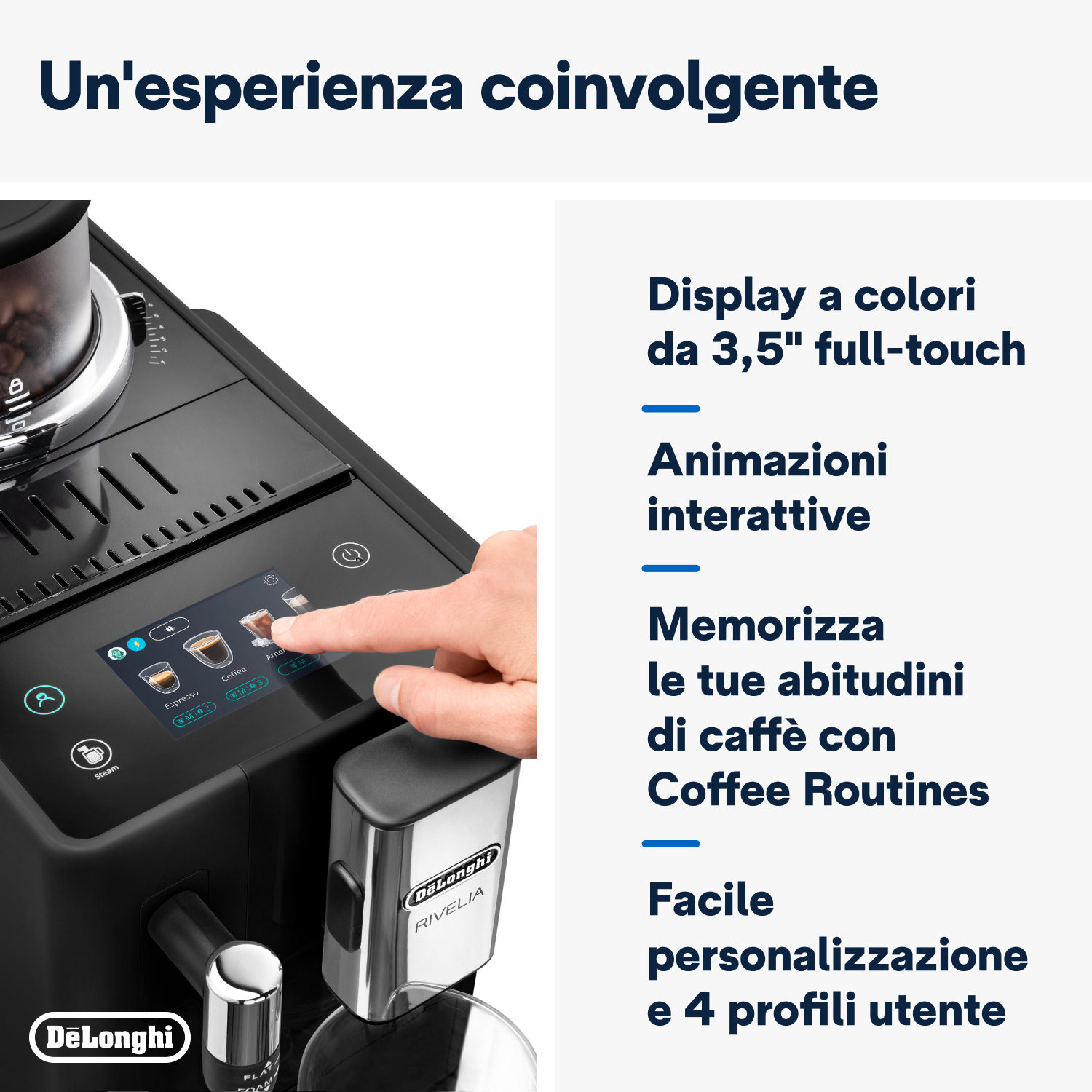 Una macchina per il caffè con display touch, utente che interagisce. Testo a destra che descrive le funzioni.