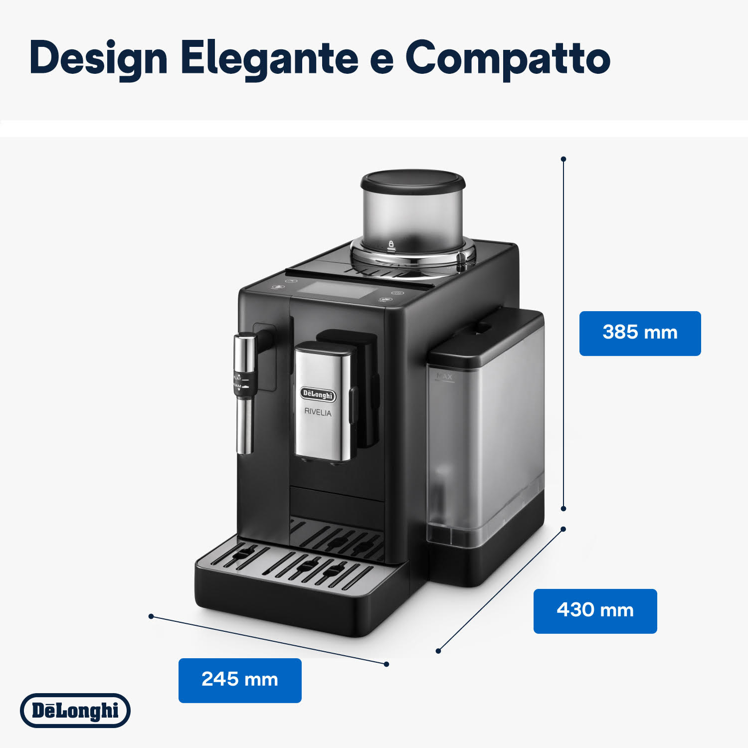 Una macchina per caffè espresso nera e argento con dimensioni: 245 mm x 385 mm x 430 mm.