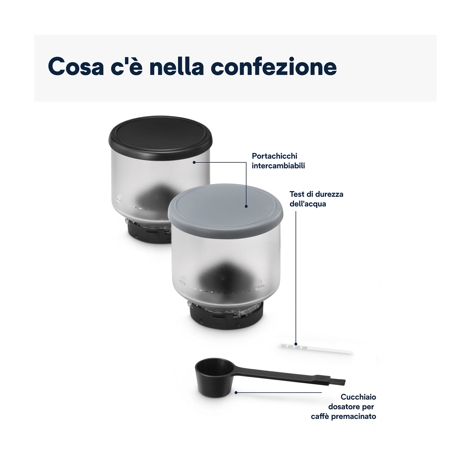 Due contenitori trasparenti con coperchi e strumenti di misurazione. Testo in italiano. Uno con coperchio grigio.