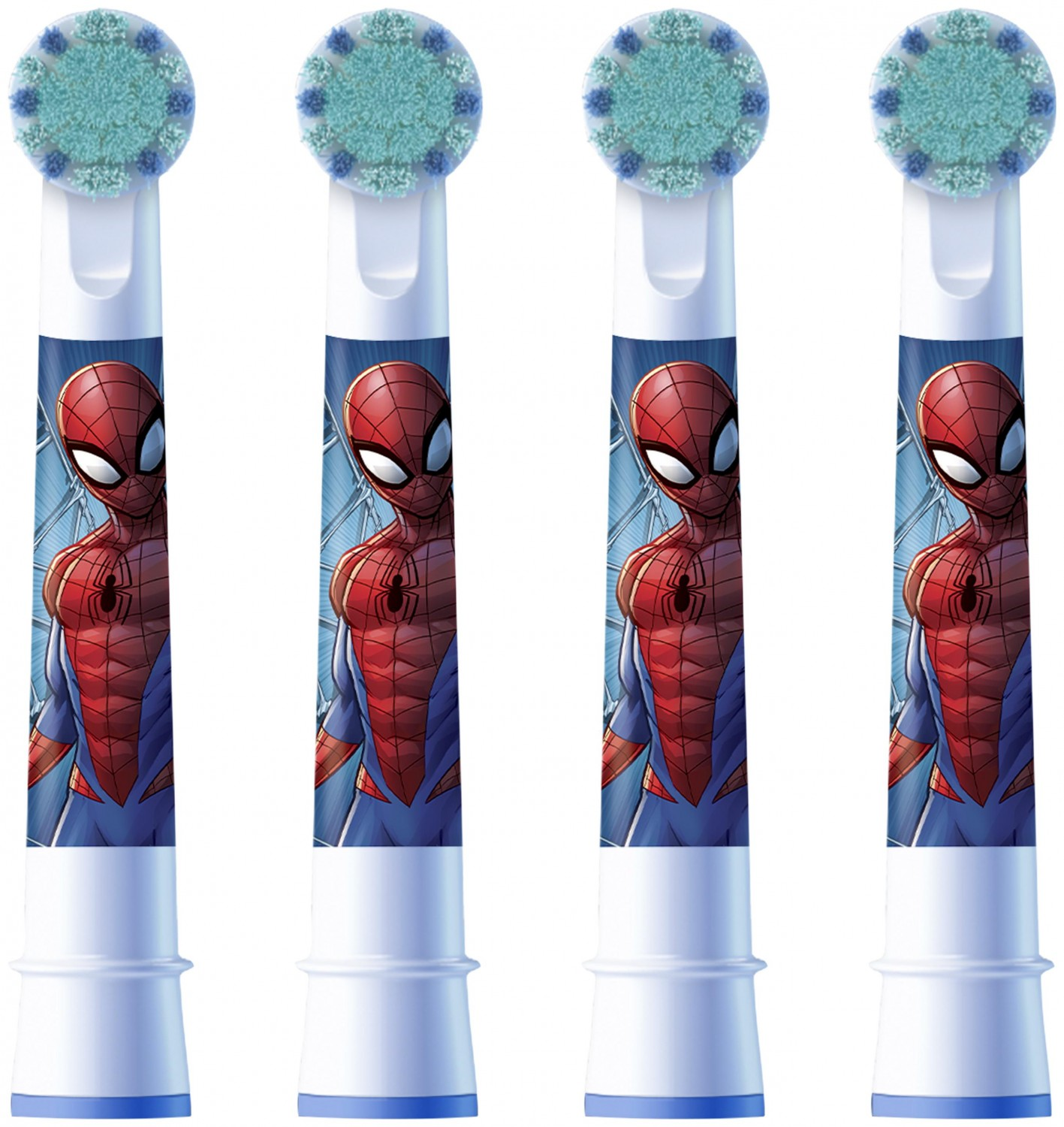Cztery główki szczoteczki do zębów Spidermana, białe i niebieskie. Postać Spidermana z przodu.