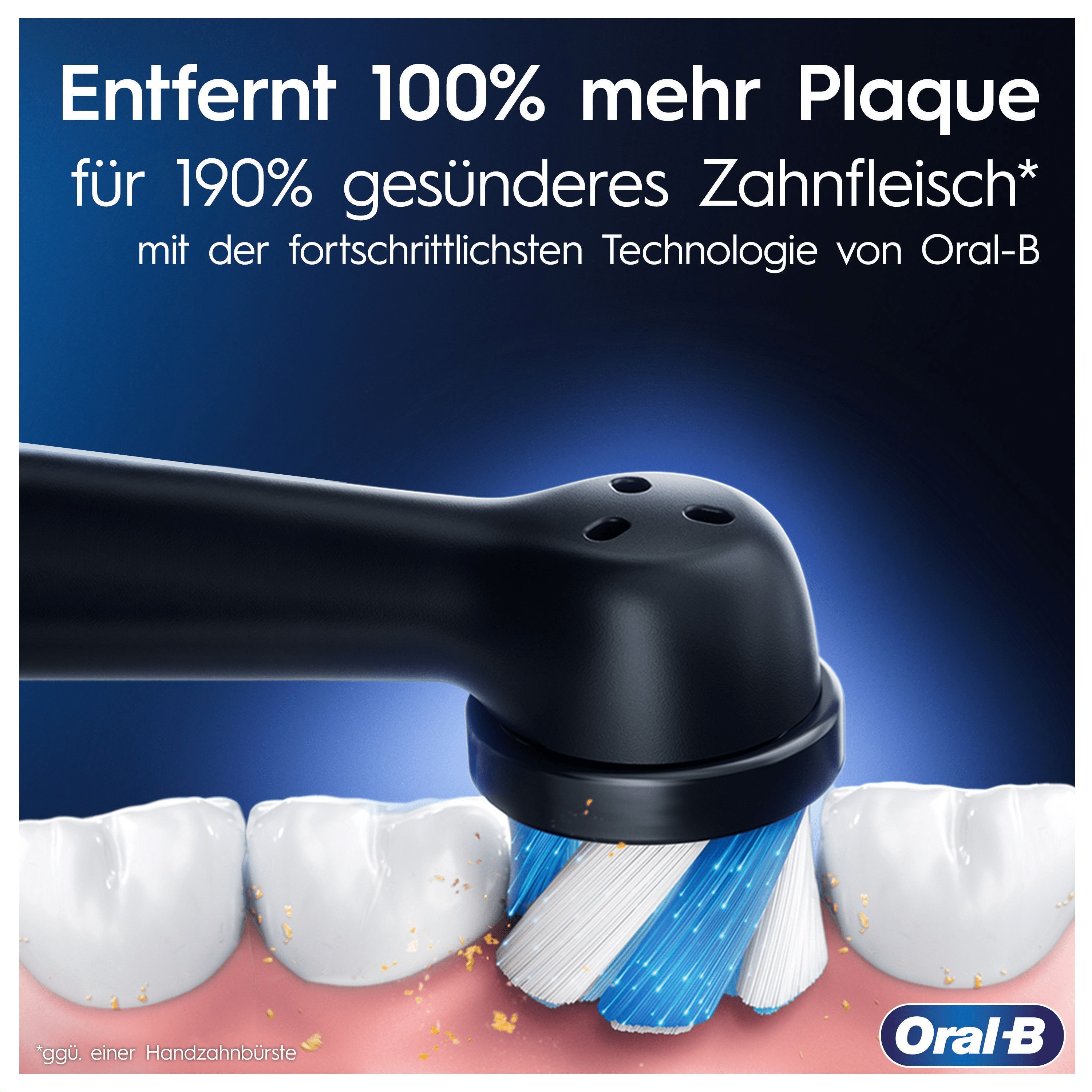 Uno spazzolino pulisce i denti con il testo 'Rimuove il 100% in più di placca'.