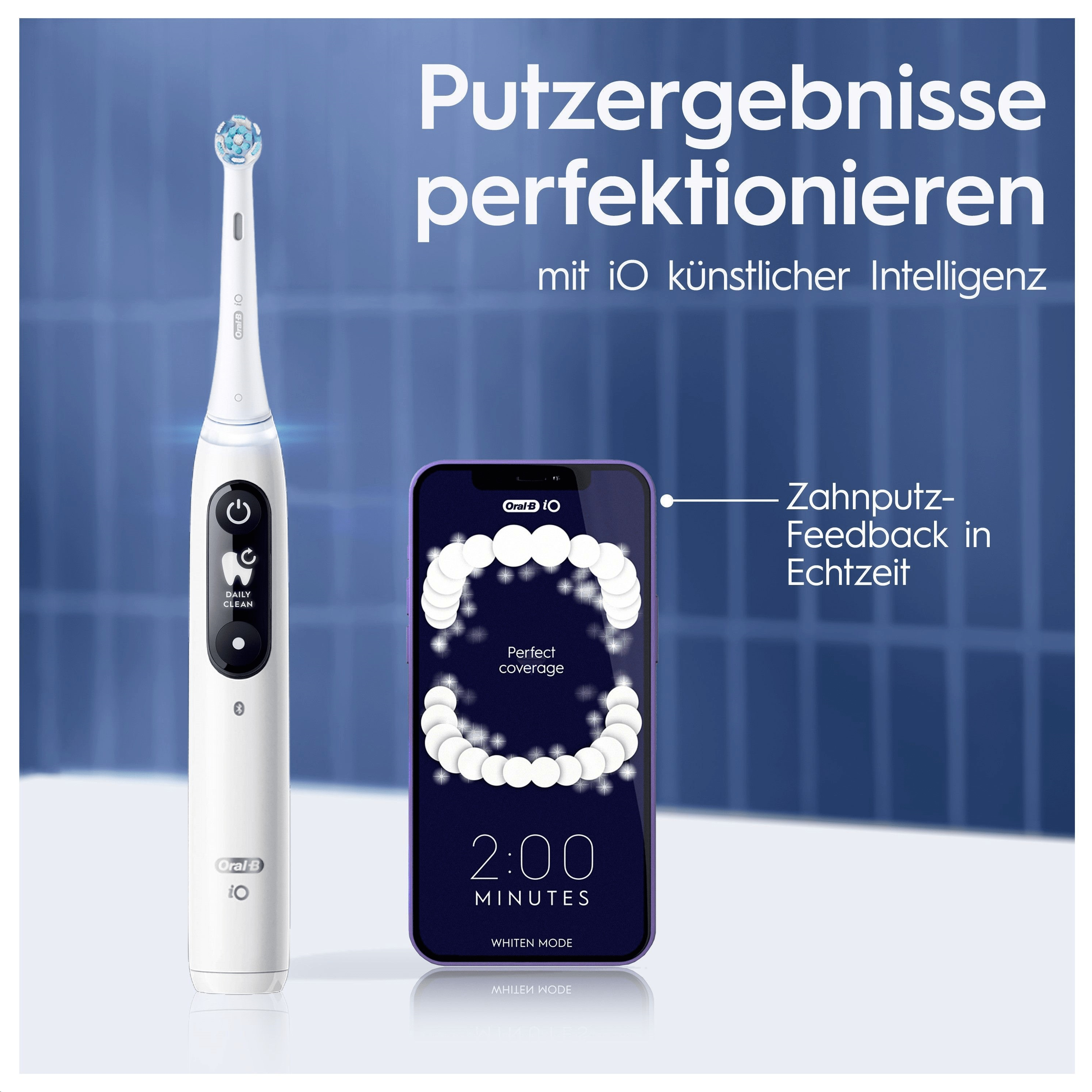Spazzolino elettrico con uno smartphone che mostra un'immagine dei denti e un timer. Sfondo bianco.