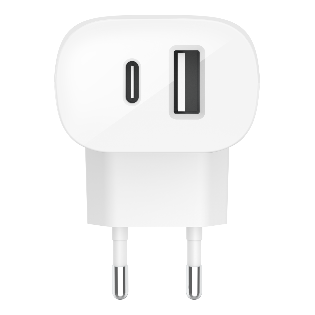 USB ve USB-C bağlantı noktalarına sahip beyaz şarj adaptörü, iki uçlu fiş.