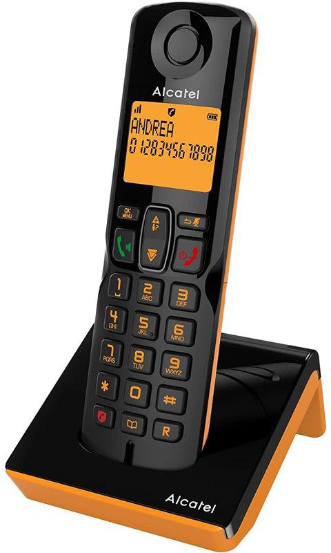 Narancs-fekete Alcatel vezeték nélküli telefon töltőállomással, telefonszámot mutatva.