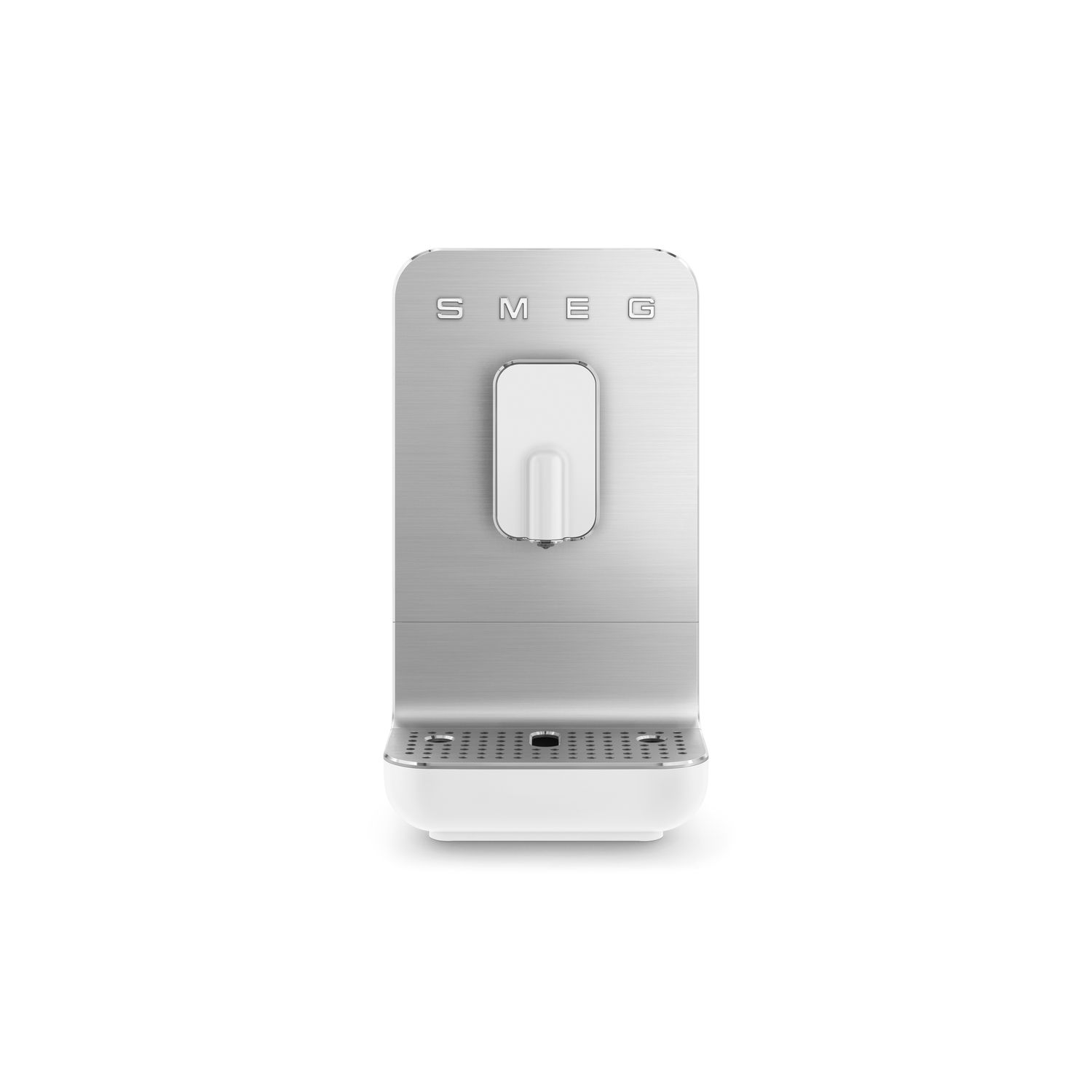 Silver Smeg coffee machine. White drip tray. SMG logo on top.