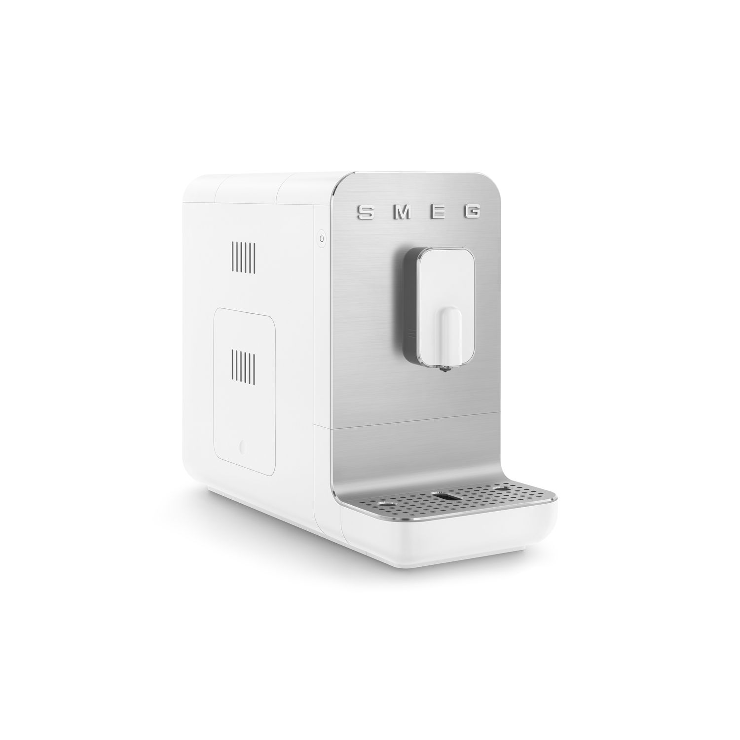 A white and silver Smeg coffee machine with a minimalist design, isolated on white.