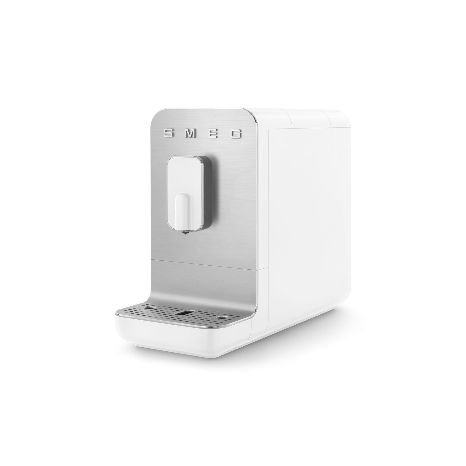 A white SMEG coffee machine with a stainless steel front and a white background.