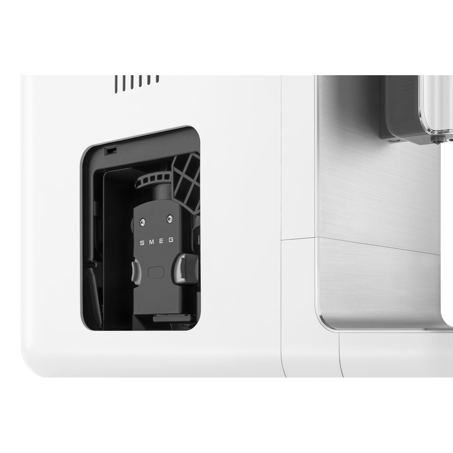 Close-up of the side of the espresso machine showing the internal components.