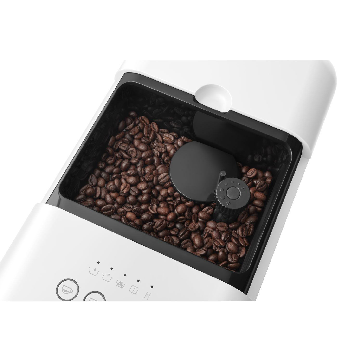 Coffee beans in a white coffee grinder, top view.