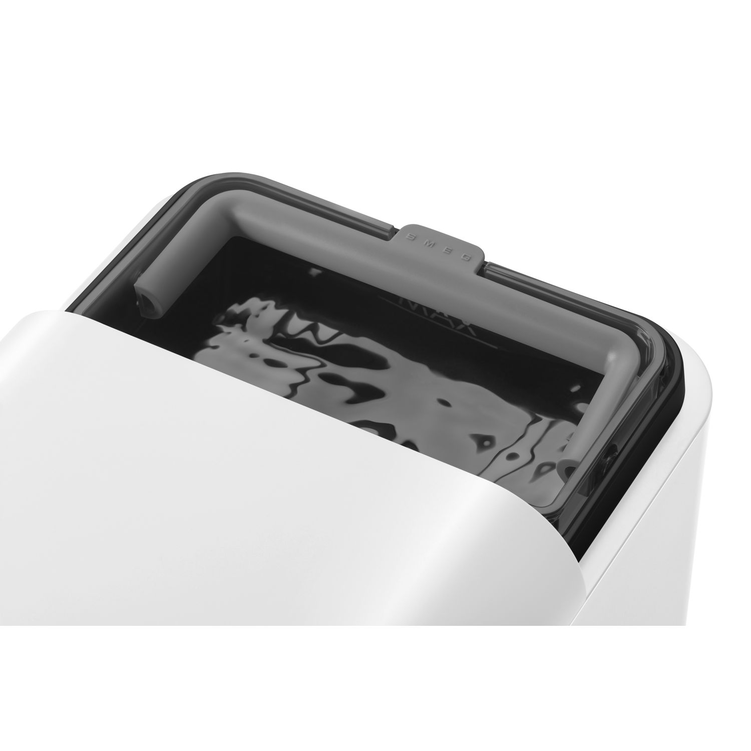 White, rectangular container with a dark grey interior and a visible water surface.