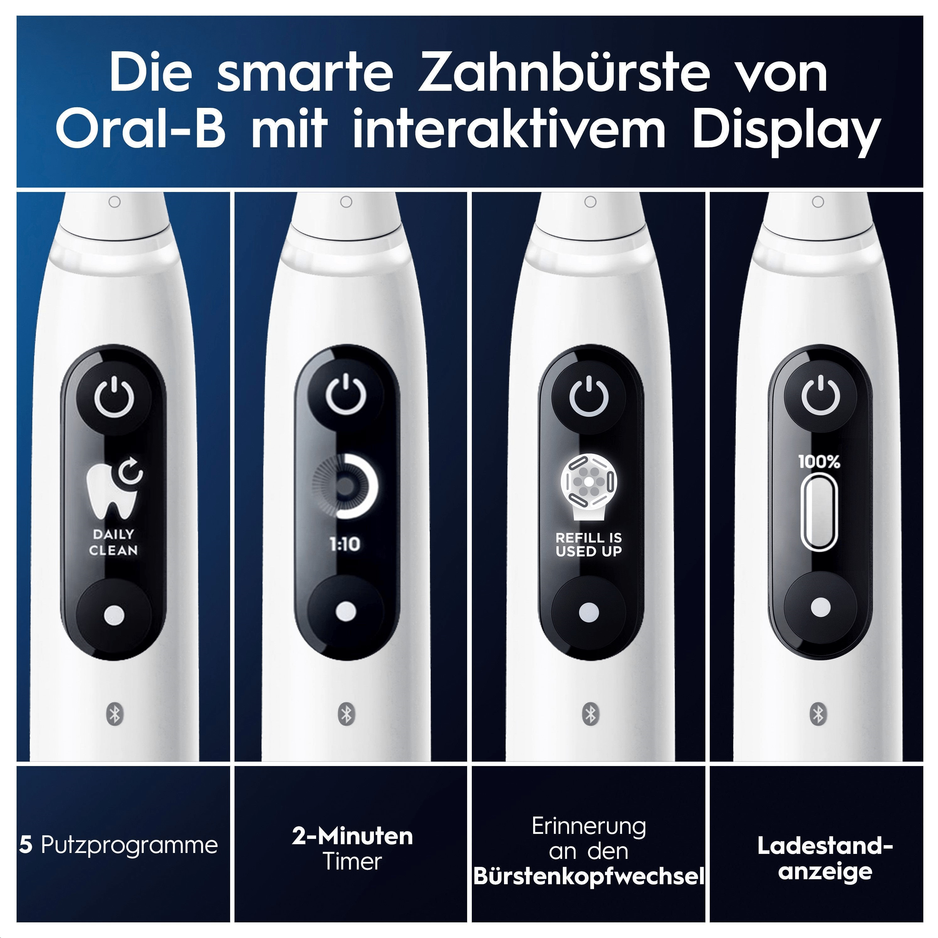 Quattro schermate di uno spazzolino intelligente con diverse modalità di visualizzazione per vari programmi di spazzolatura.