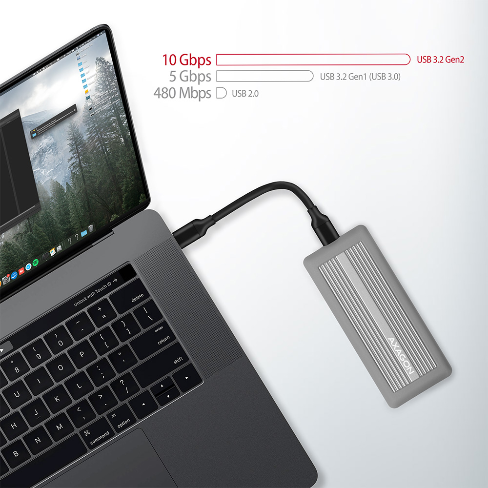 Laptop szürke külső merevlemezzel, USB-n keresztül csatlakoztatva.
