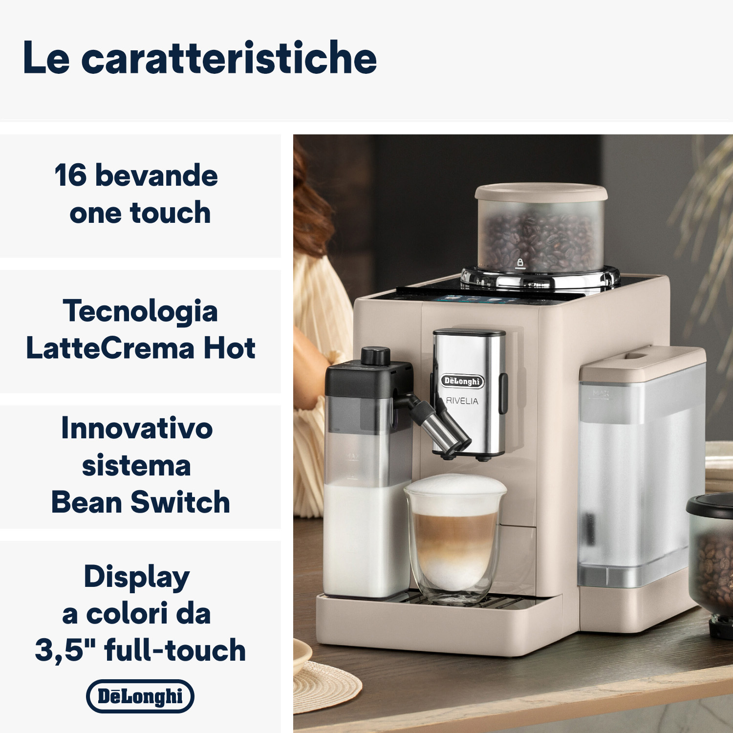 Una macchina per espresso con testo su 16 bevande, latte crema e un bean switch.