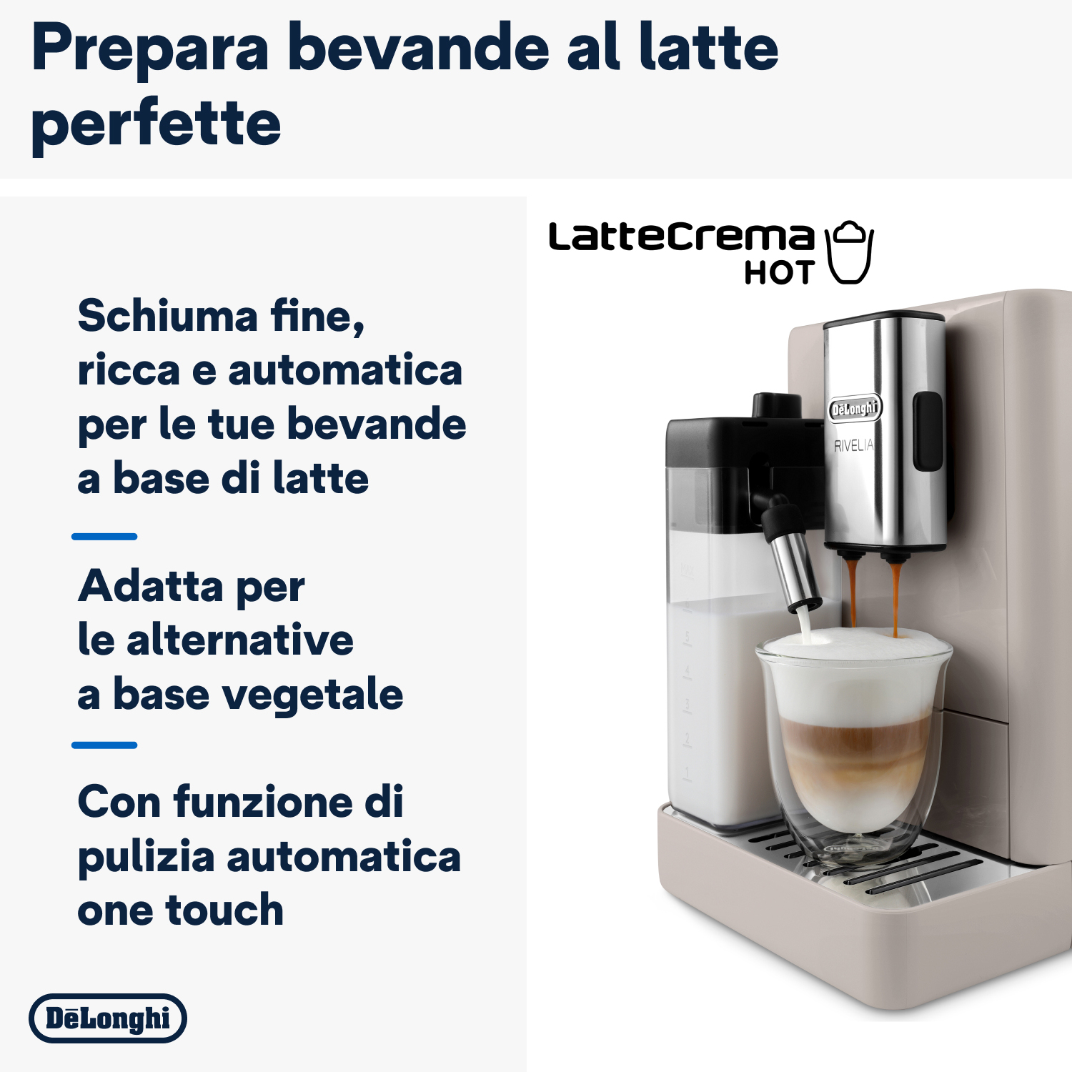 Una macchina da caffè con un bicchiere, che mostra strati di latte e caffè, con il logo LatteCrema Hot.