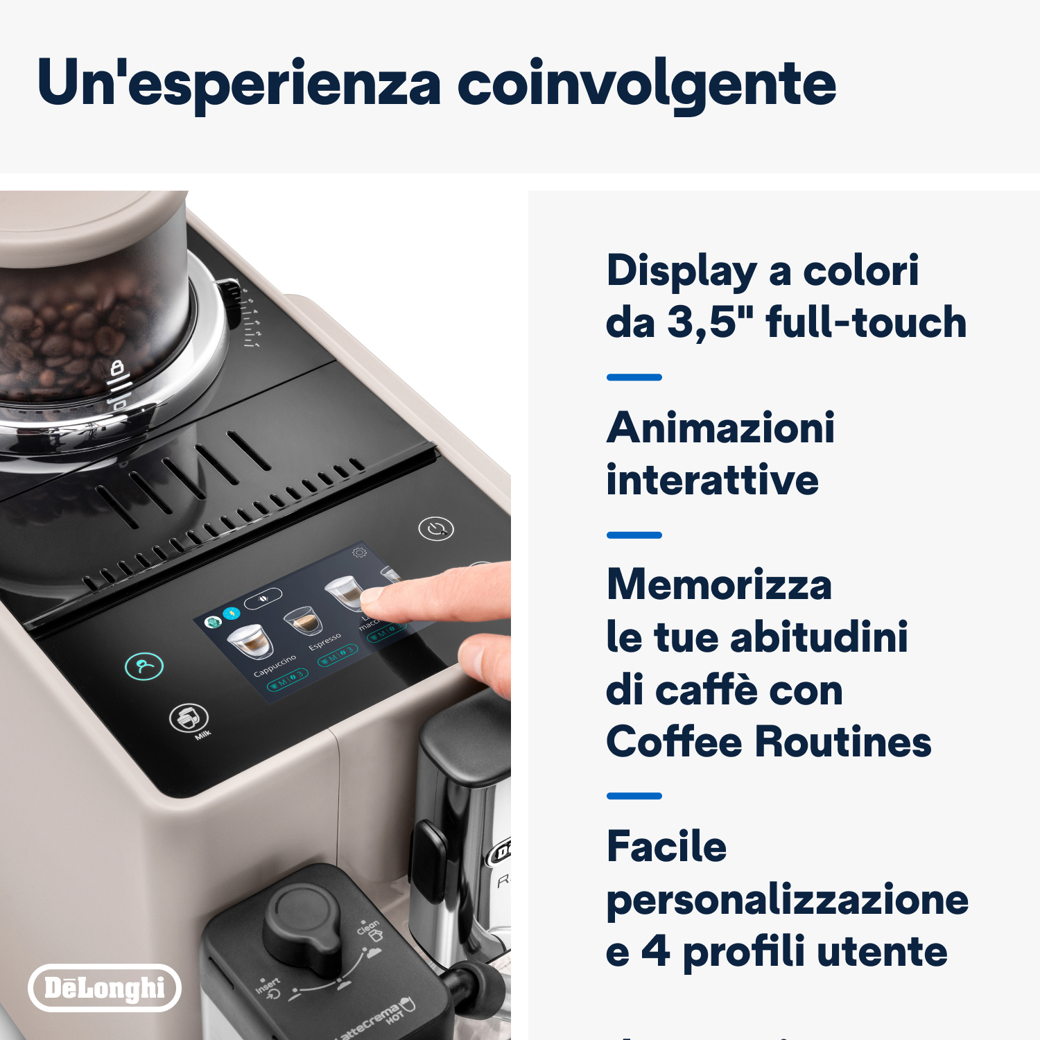 Una macchina da caffè con touchscreen. Una mano tocca lo schermo. Il testo dice: 'Un'esperienza coinvolgente'.