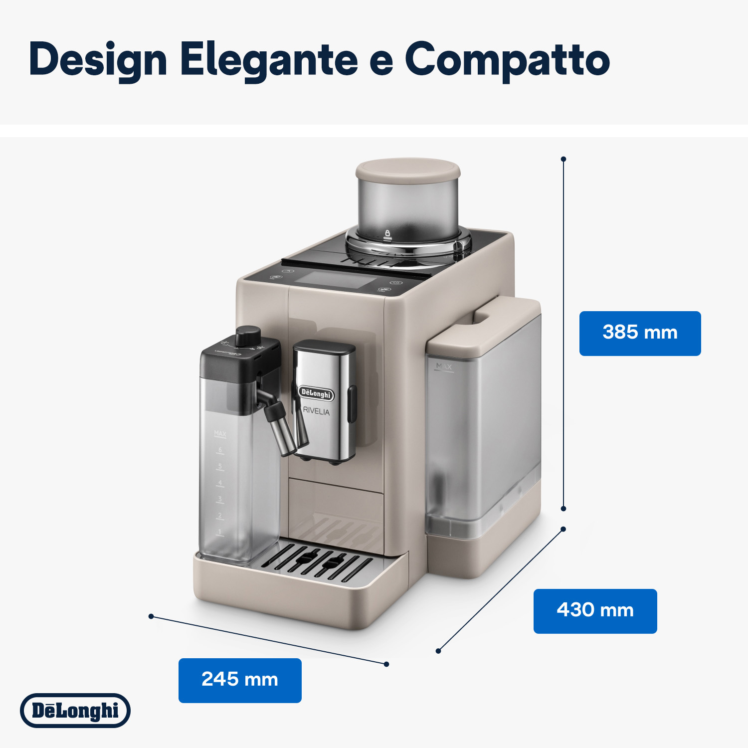 Una macchina da caffè Delonghi beige con dimensioni. Dispone di un serbatoio dell'acqua e un macinacaffè.