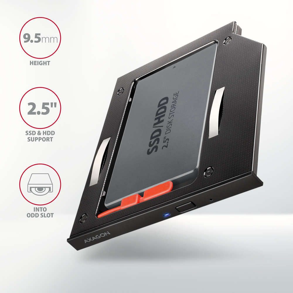 Fekete SSD/HDD ház piros akcentussal, termék részletek a képen.