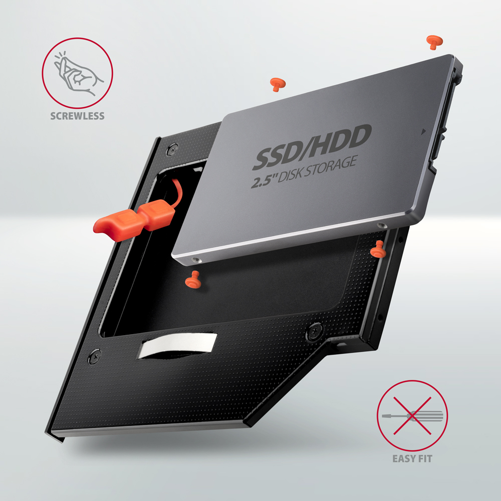 SSD/HDD lemez tároló alkatrészek. Csavarok, narancssárga rögzítők és fekete keret. Szürke háttér.