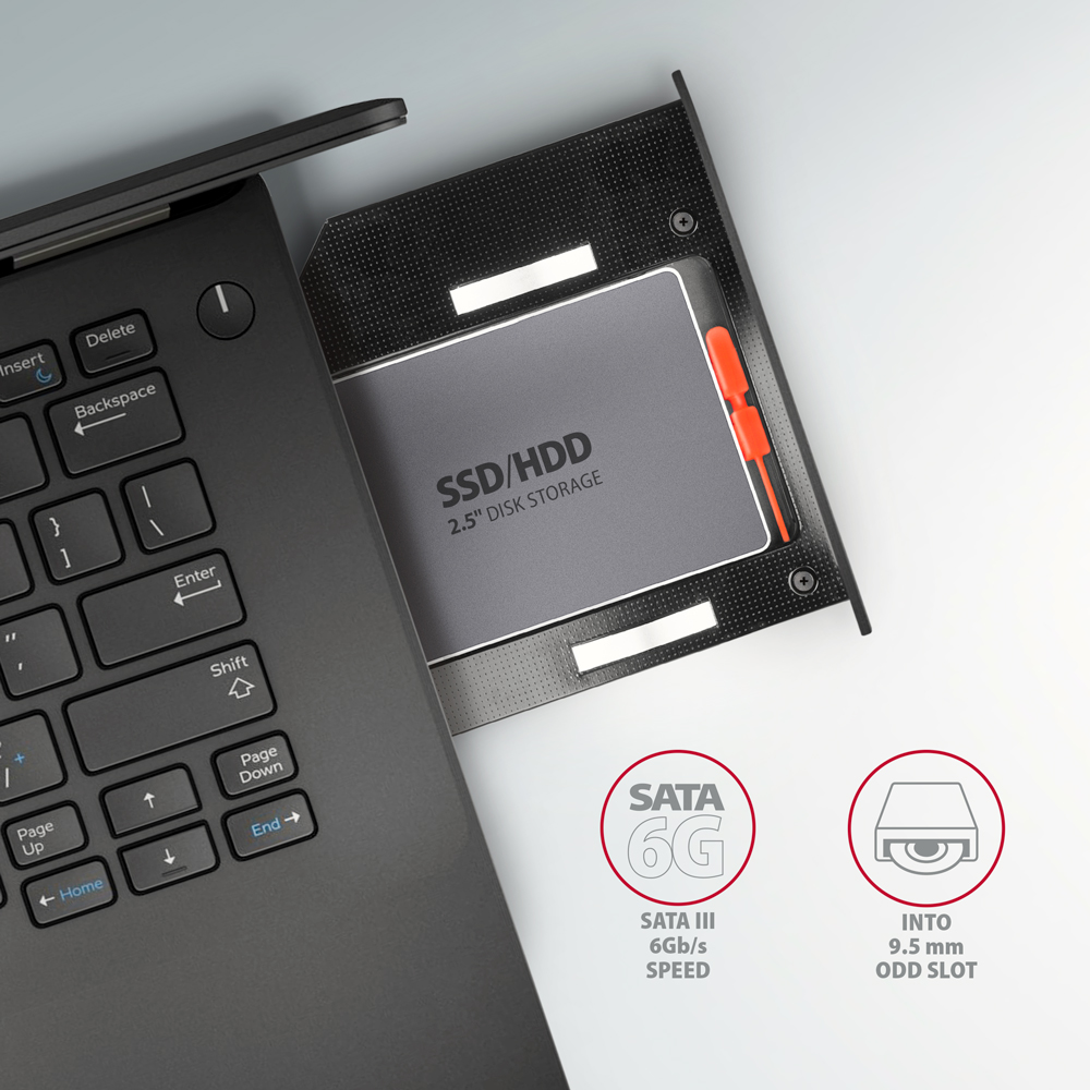 Laptop SSD/HDD tárolóval. SATA 6G és Into 9.5mm ODD slot feliratokkal.
