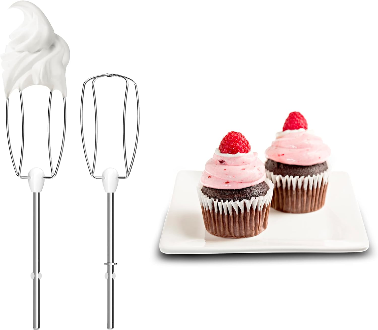 Dwa mieszadła z bitą śmietaną i babeczkami.