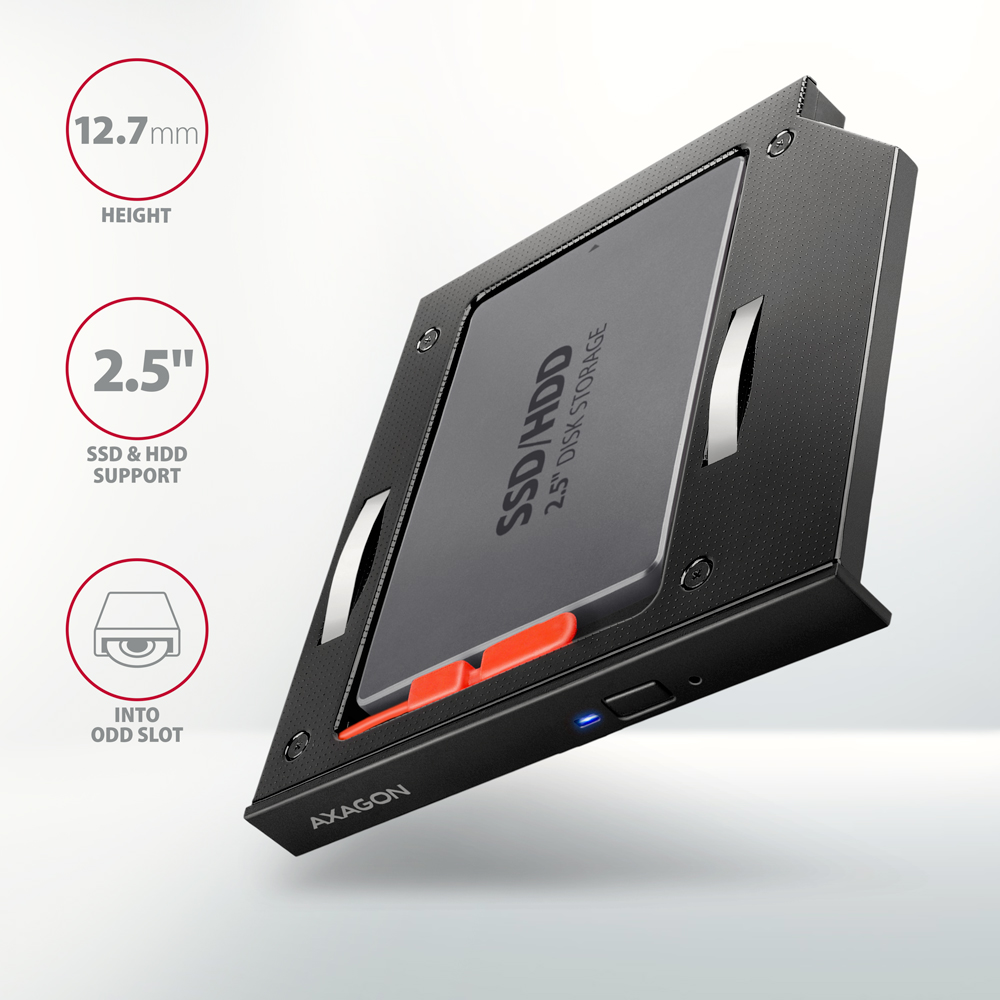 Fekete 2,5" SSD/HDD lemez tároló szöveggel és ikonokkal.