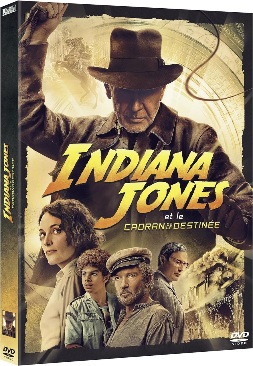 Movie poster for Indiana Jones, with Harrison Ford and other actors. Dark background with title.