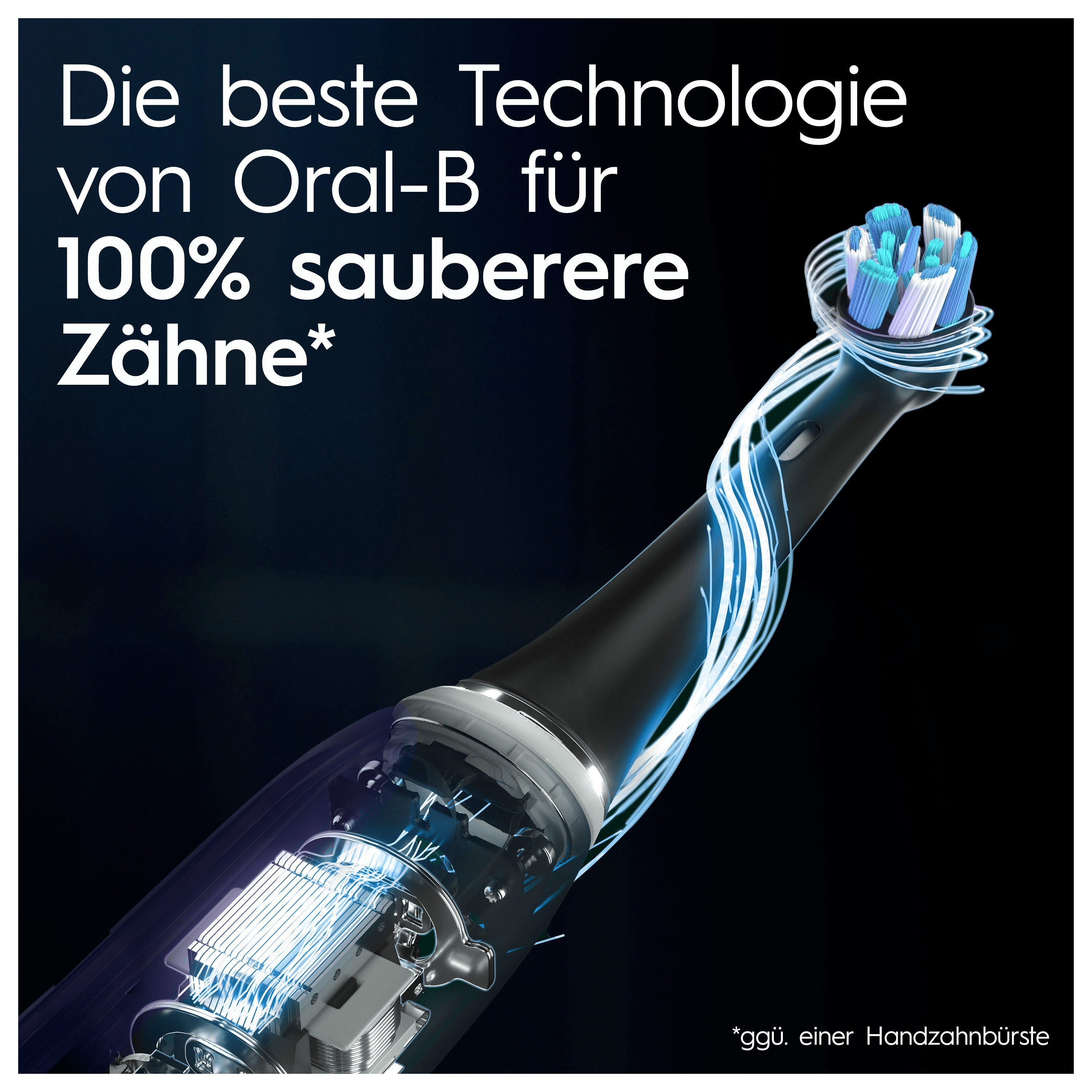 Nahaufnahme einer elektrischen Zahnbürste von Oral-B, mit Detailansicht des Bürstenkopfs.