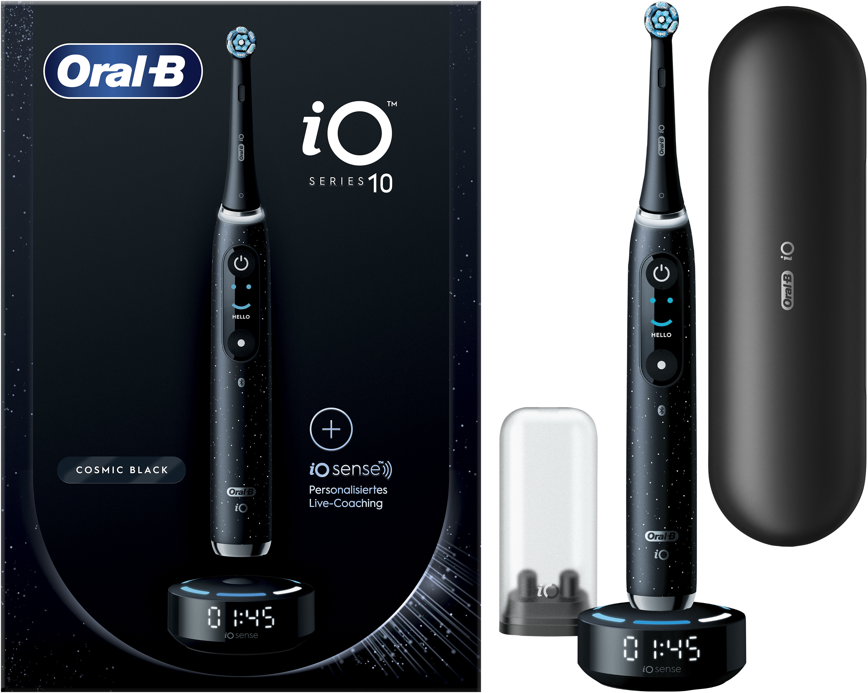 Eine elektrische Zahnbürste von Oral-B und Zubehör. Es hat schwarz und kosmos-schwarz Farben.