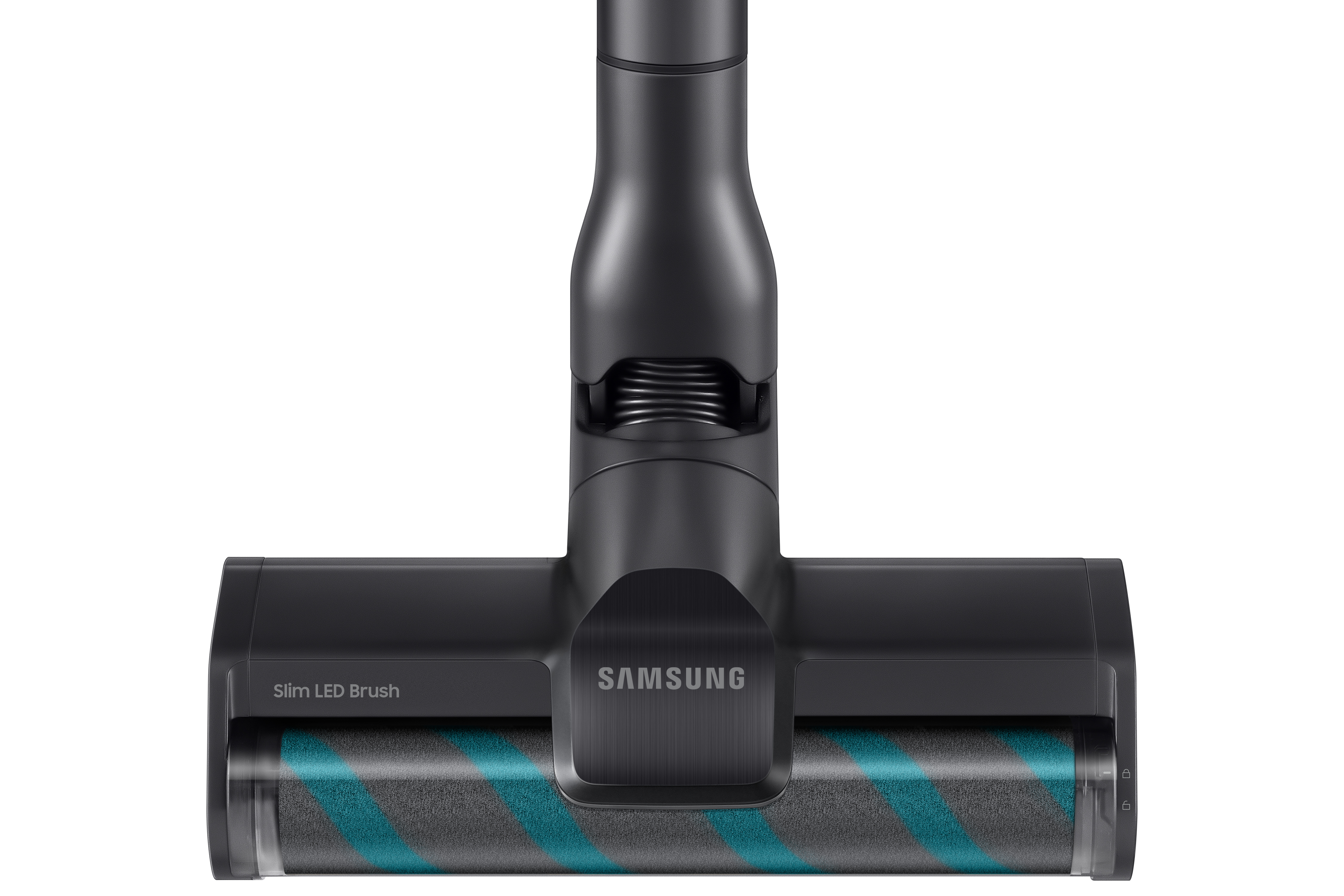 Ein schwarzer Staubsaugerkopf mit einer blau-grau gestreiften Rolle und dem Samsung-Logo.