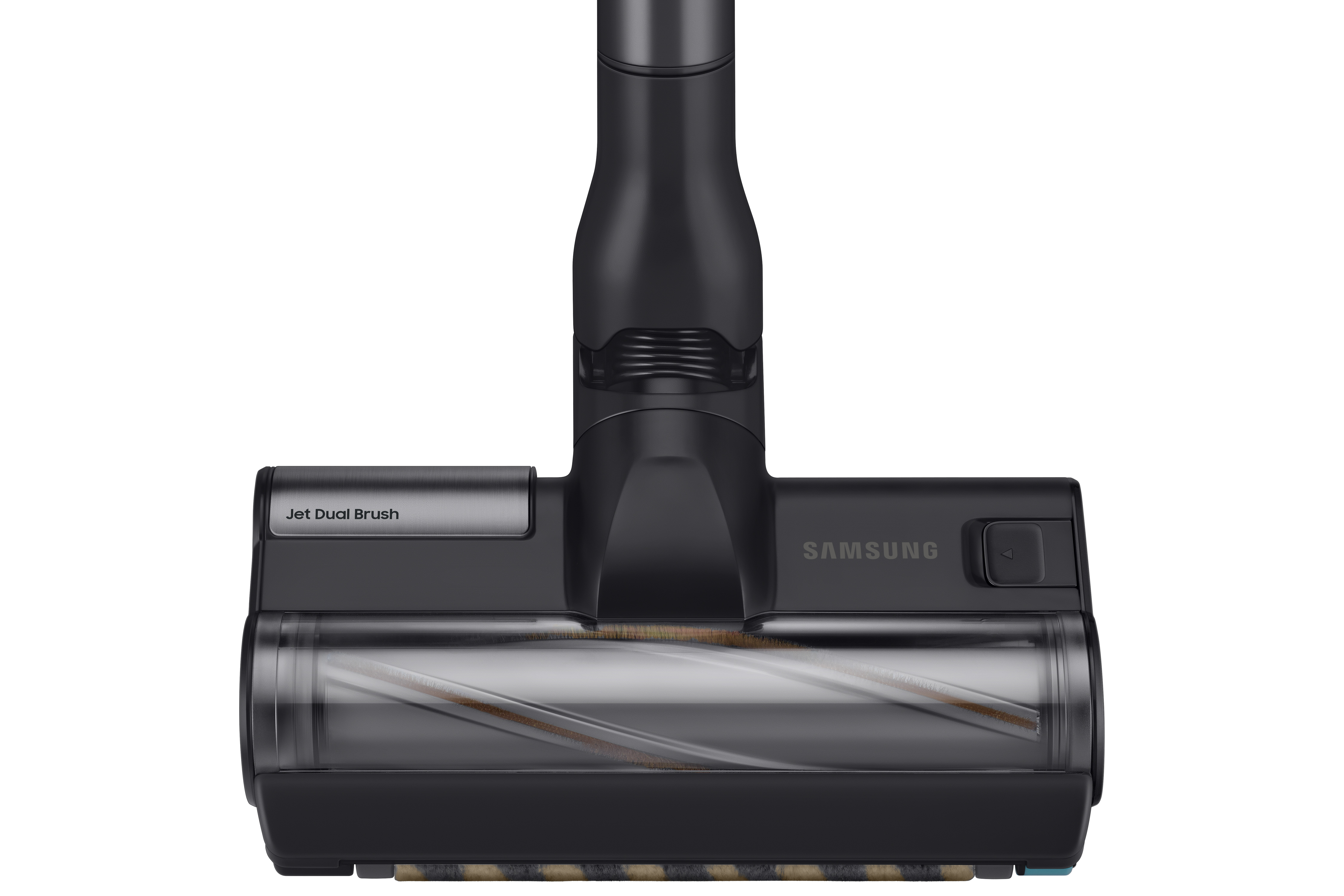 Ein schwarzer Staubsaugerkopf mit dem Wort SAMSUNG. Die Bürste ist sichtbar.