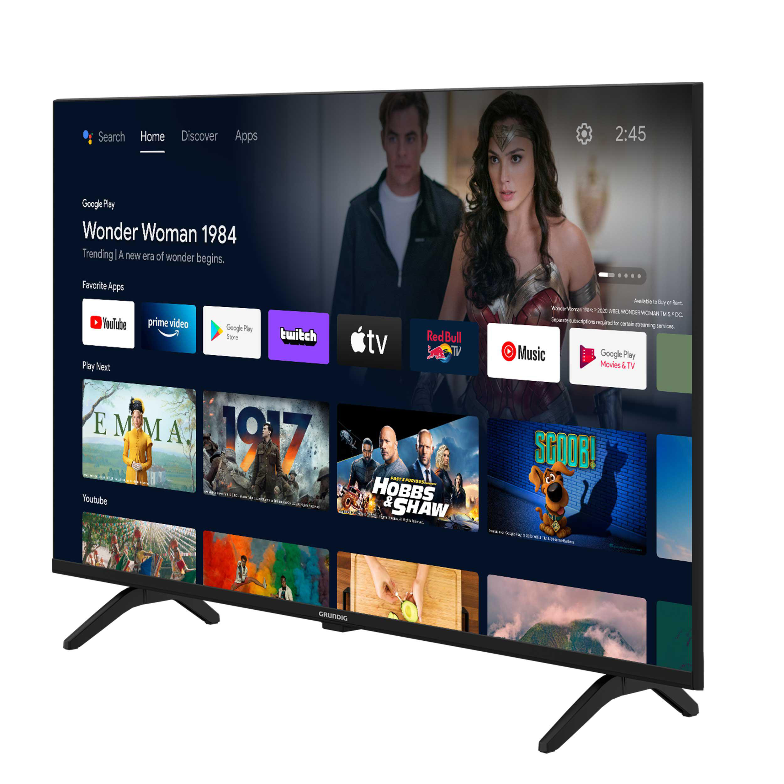 Grundig Smart TV mit Wonder Woman 1984 und anderen Apps, mit schwarzem Ständer.