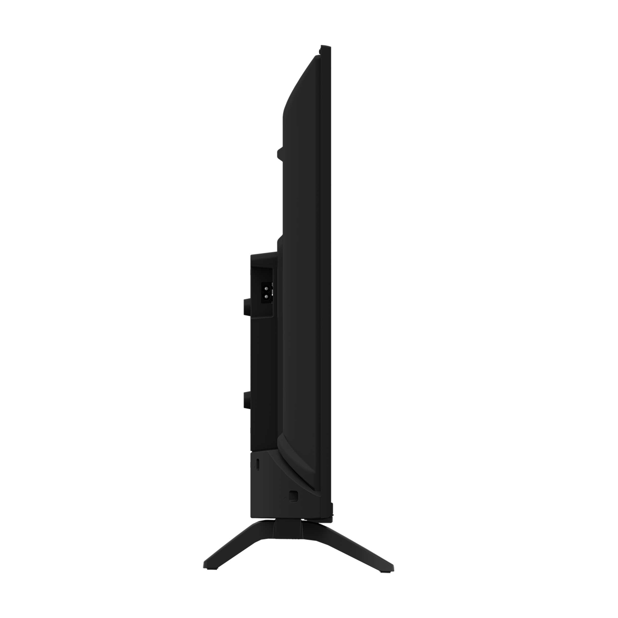 Seitenansicht eines schwarzen Fernsehers auf schwarzen Beinen.