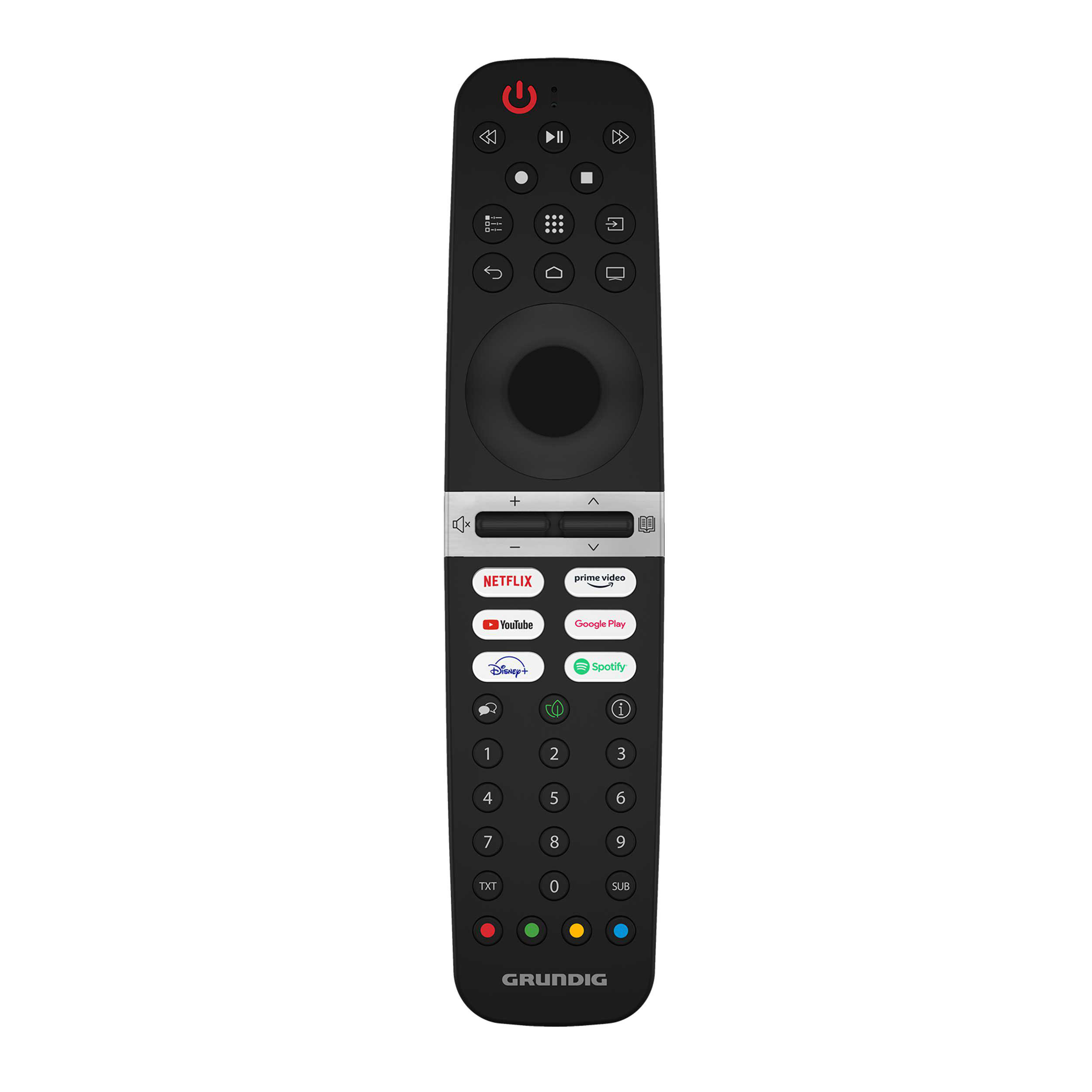 Eine schwarze Grundig-Fernbedienung mit vielen Tasten, darunter Netflix, YouTube und Lautstärkeregler.