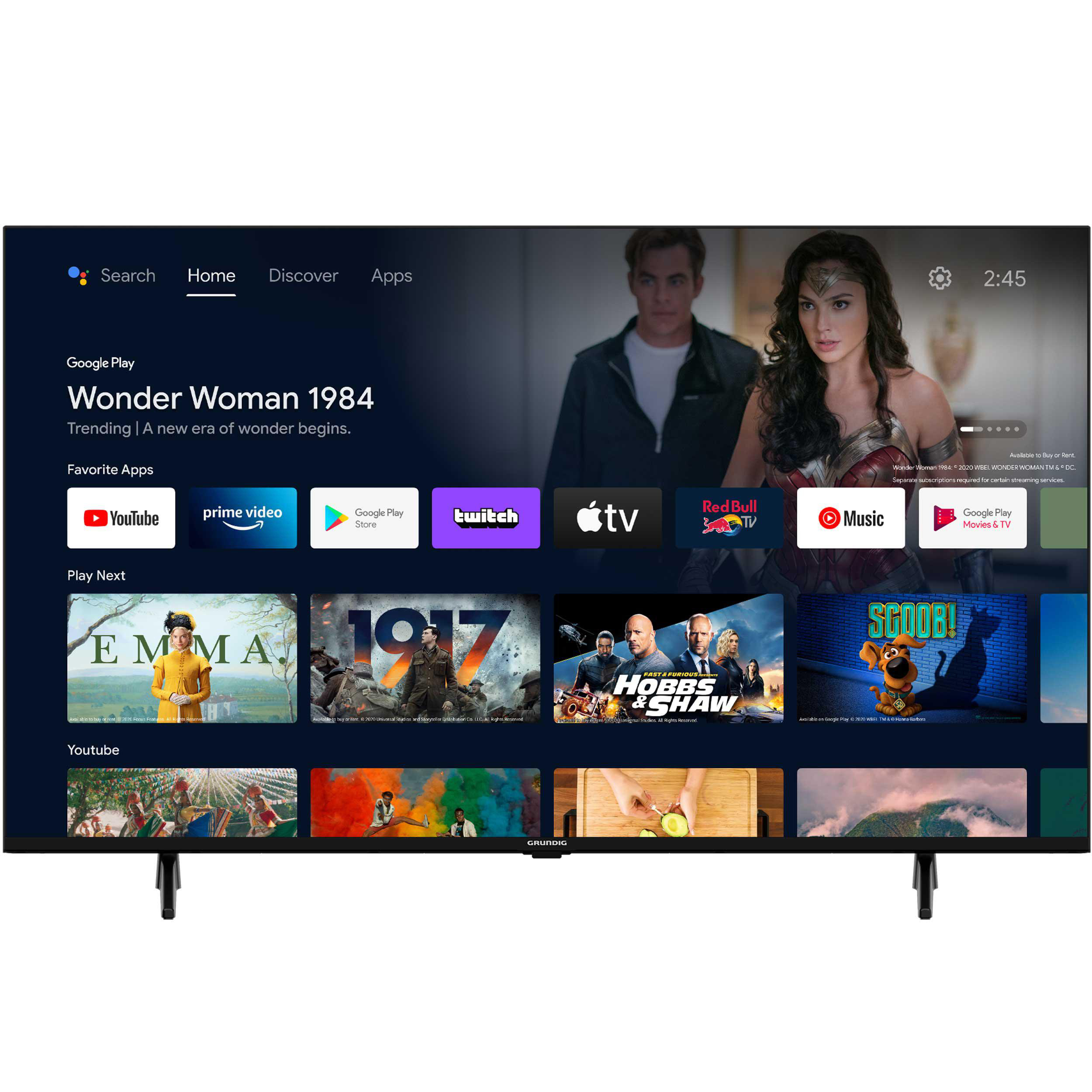 TV-Bildschirm mit Streaming-Apps und Filmszene im Hintergrund. Google Play und andere Apps sind sichtbar.