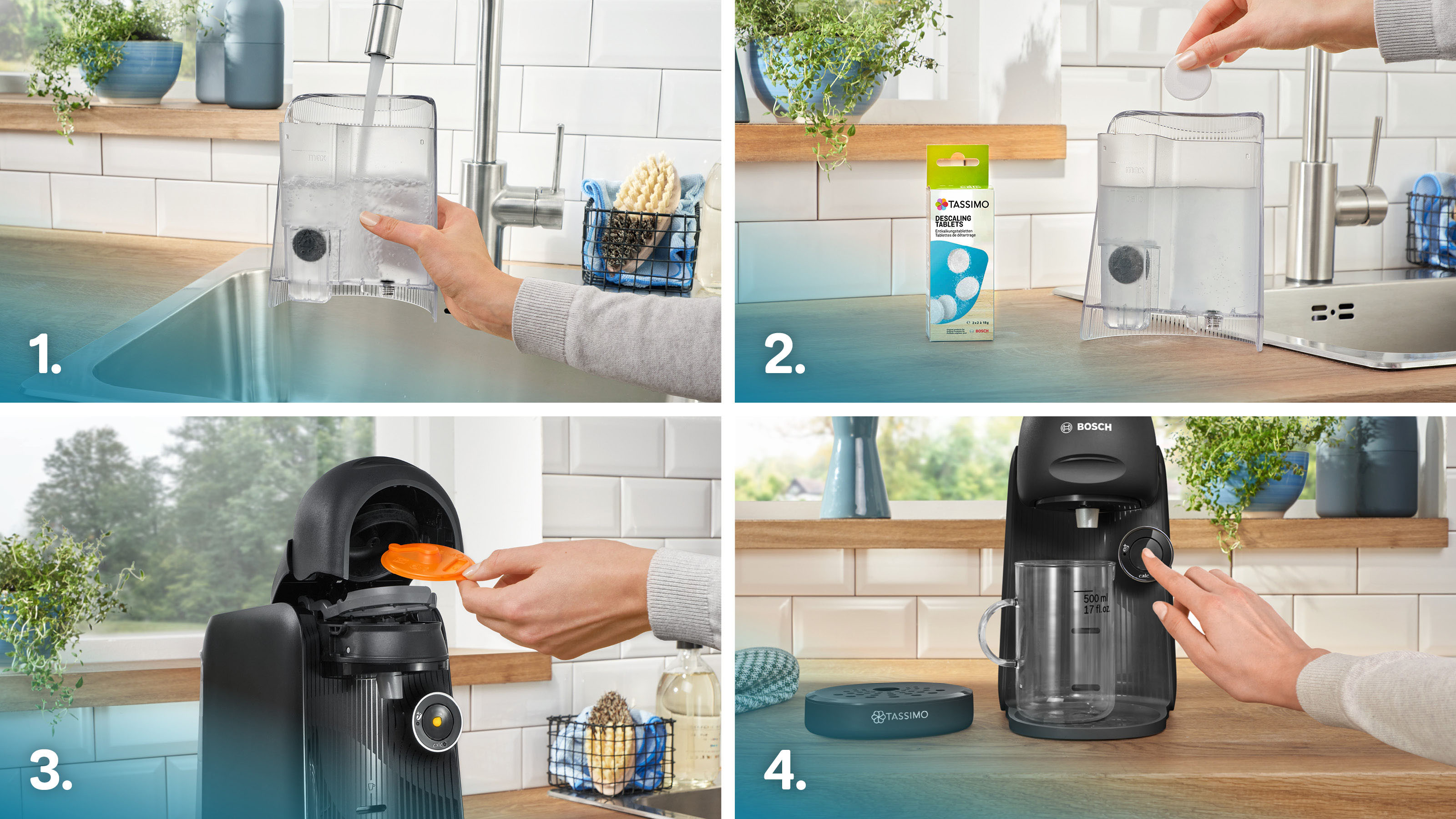 Vier Bilder zeigen Schritte zur Vorbereitung einer Tassimo-Maschine: Wasser, Scheibe, Einsatz und Verwendung.