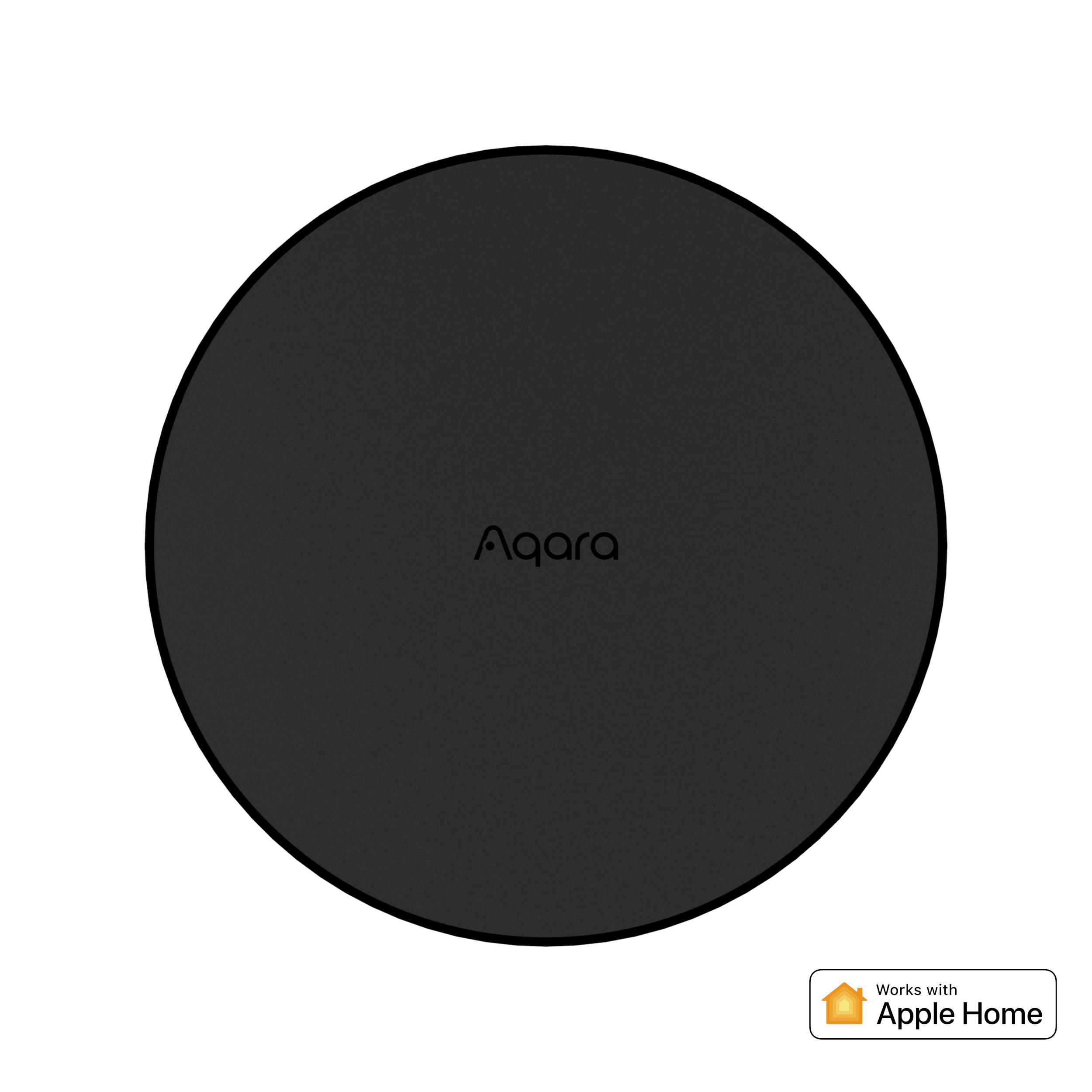 Schwarzes Aqara Smart-Home-Gerät mit Logo. Funktioniert mit Apple Home-Logo unten rechts.