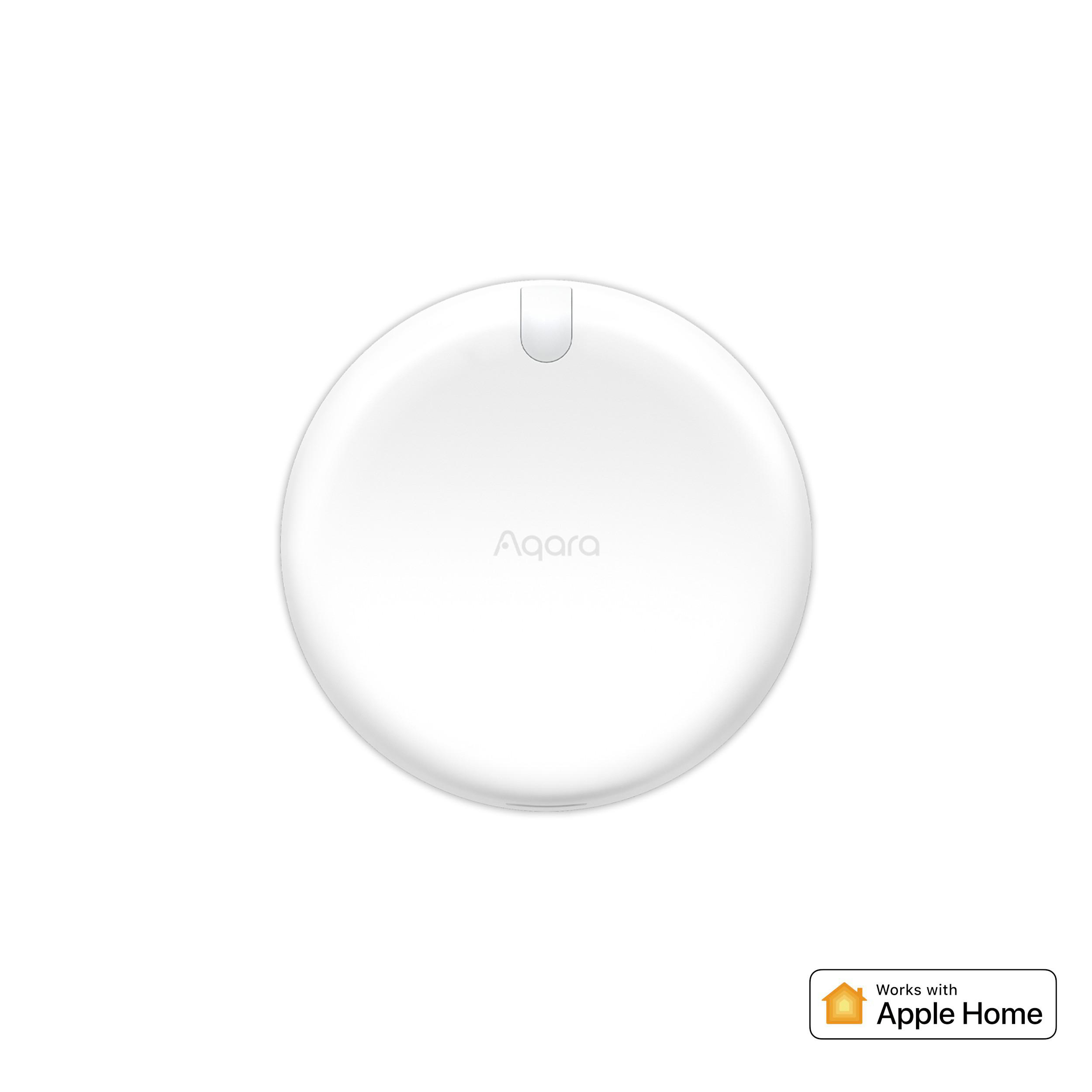 Weißes kreisförmiges Smart-Home-Gerät mit 'Aqara'-Logo, 'Works with Apple Home'-Label.