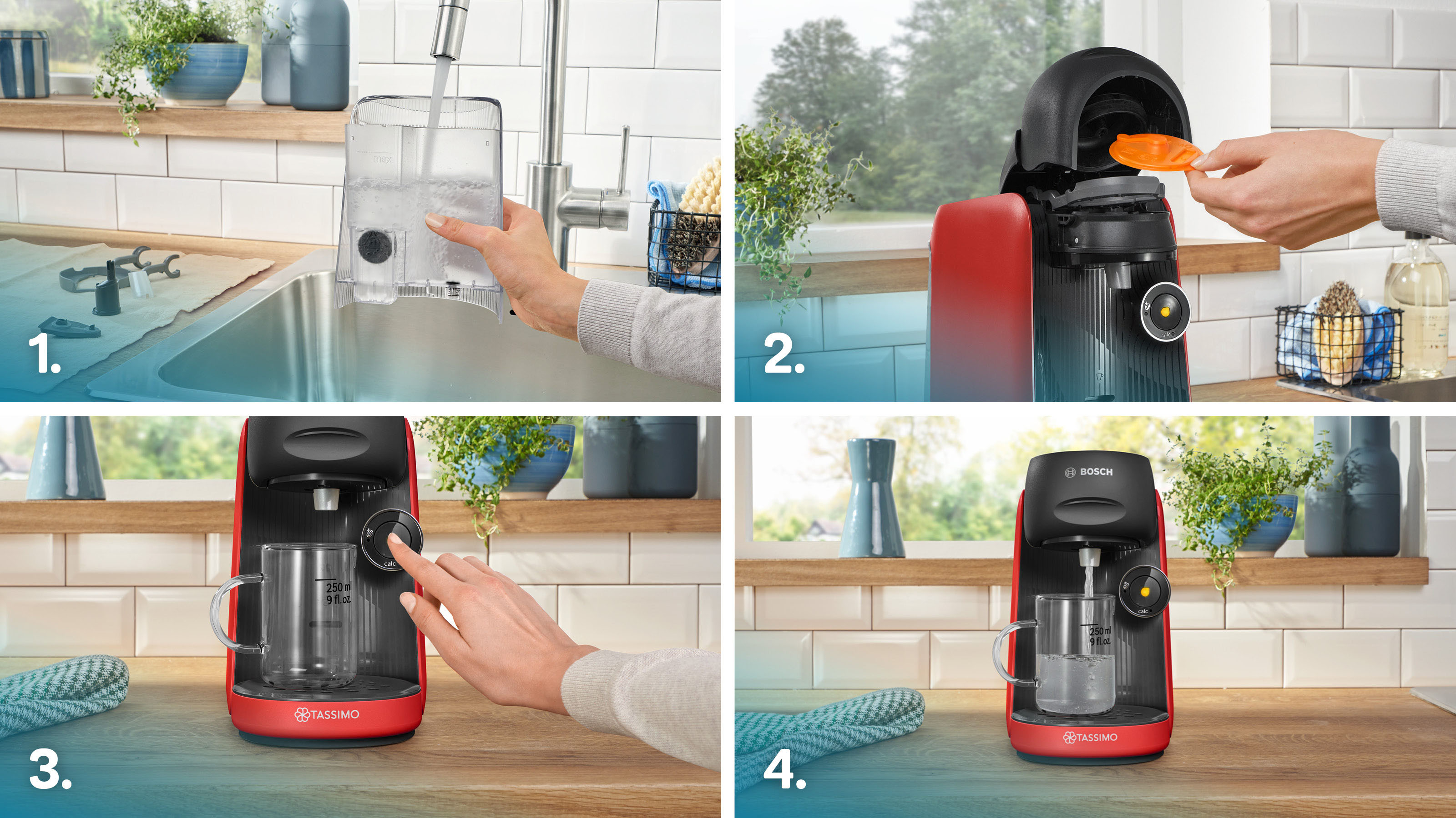 Vier Bilder des Betriebs einer Tassimo Kaffeemaschine.